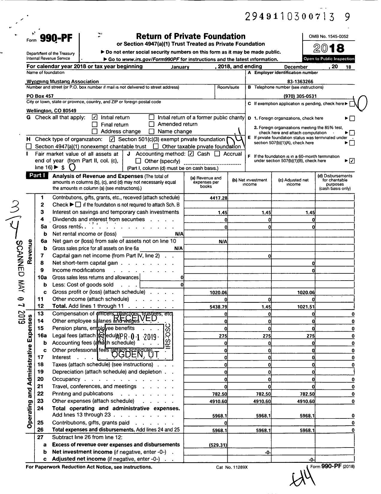 Image of first page of 2018 Form 990PF for Wyoming Mustang Association