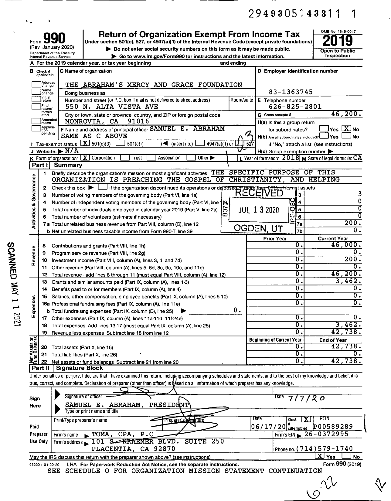 Image of first page of 2019 Form 990 for The Abraham's Mercy and Grace Foundation