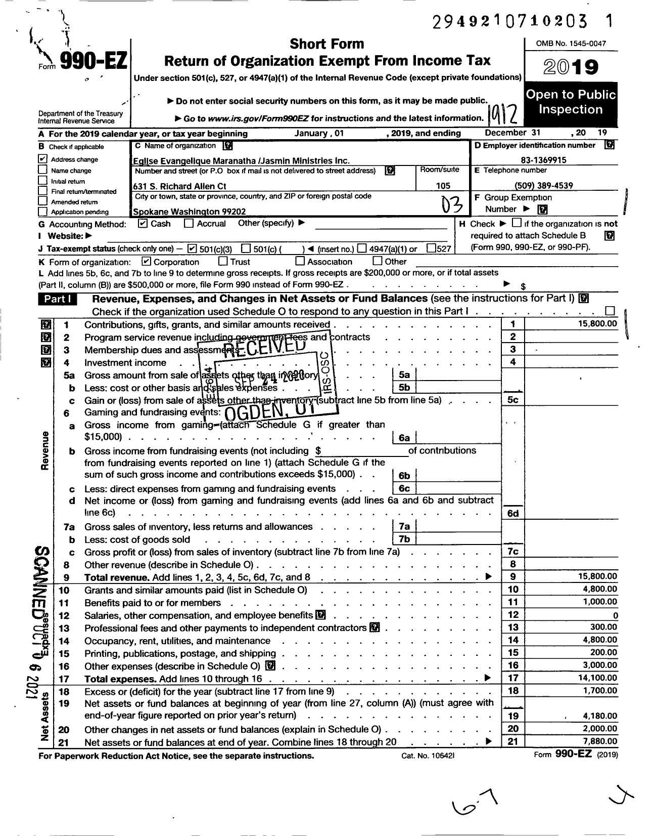 Image of first page of 2019 Form 990EZ for Eglise Evangelique Maranatha Jasmin Ministries