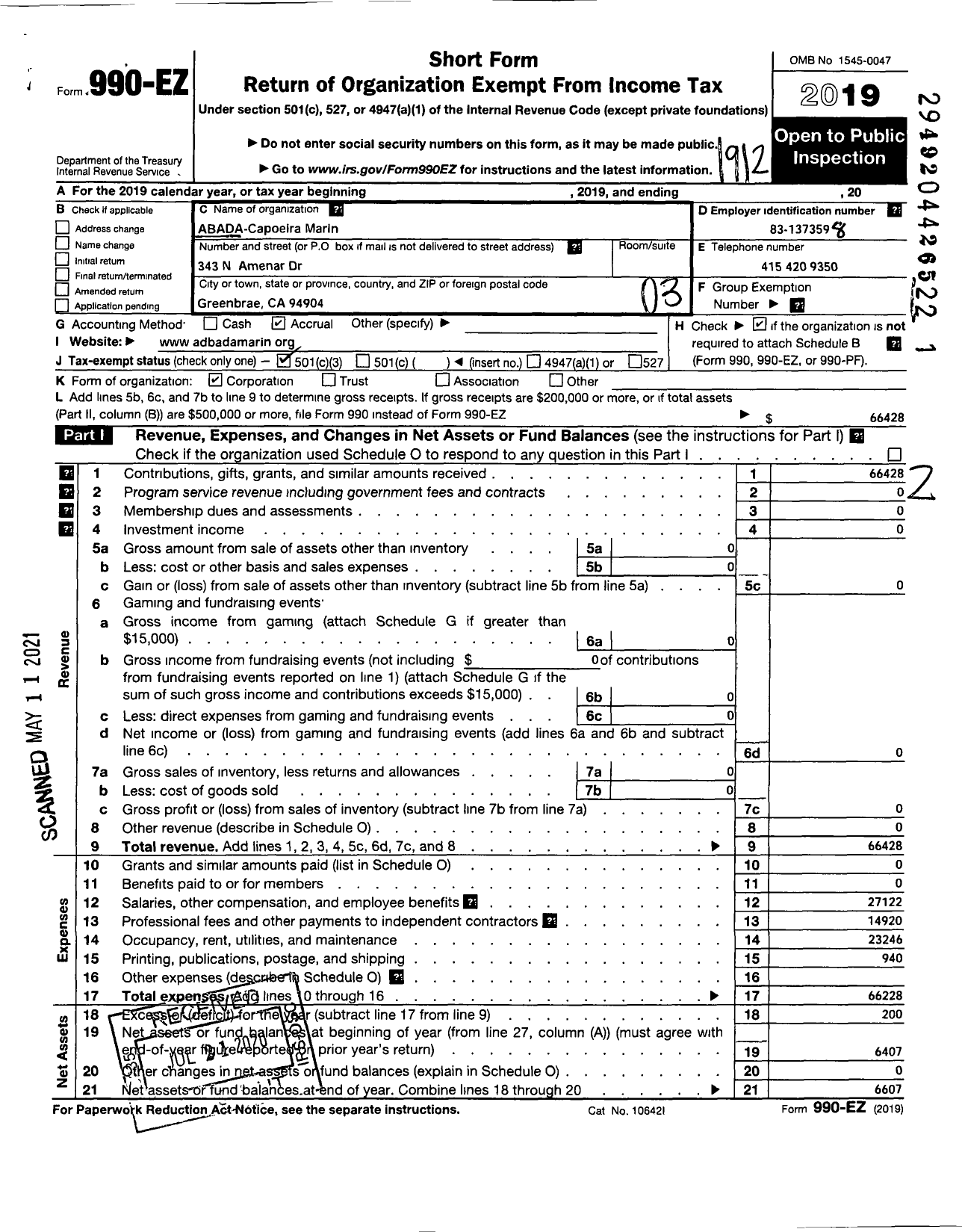 Image of first page of 2019 Form 990EZ for Abada-Capoeira Marin