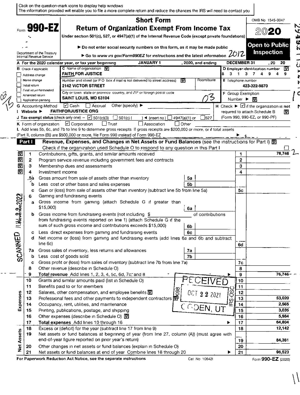 Image of first page of 2020 Form 990EZ for Faith for Justice