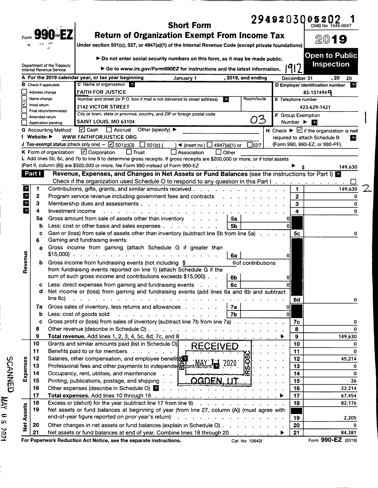 Image of first page of 2019 Form 990EZ for Faith for Justice