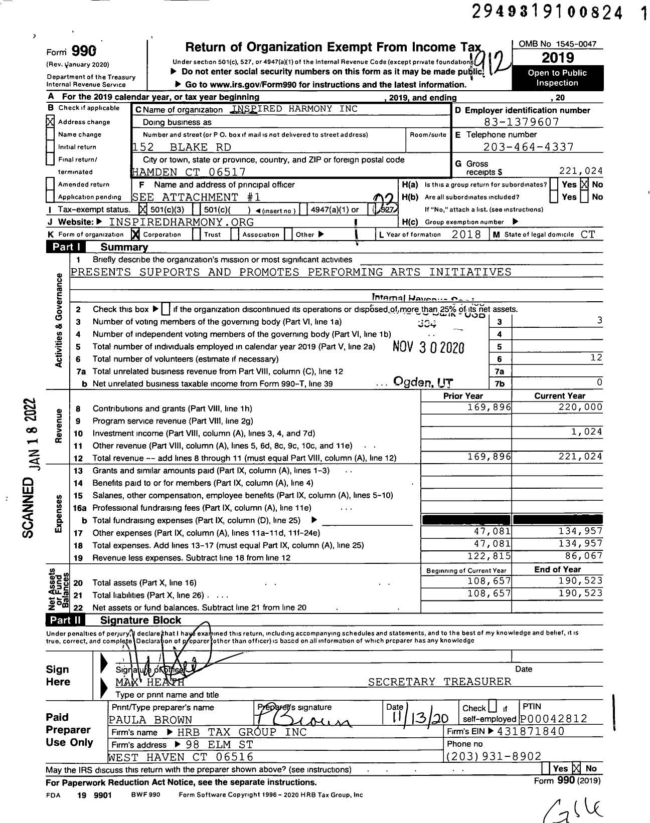 Image of first page of 2019 Form 990 for Inspired Harmony