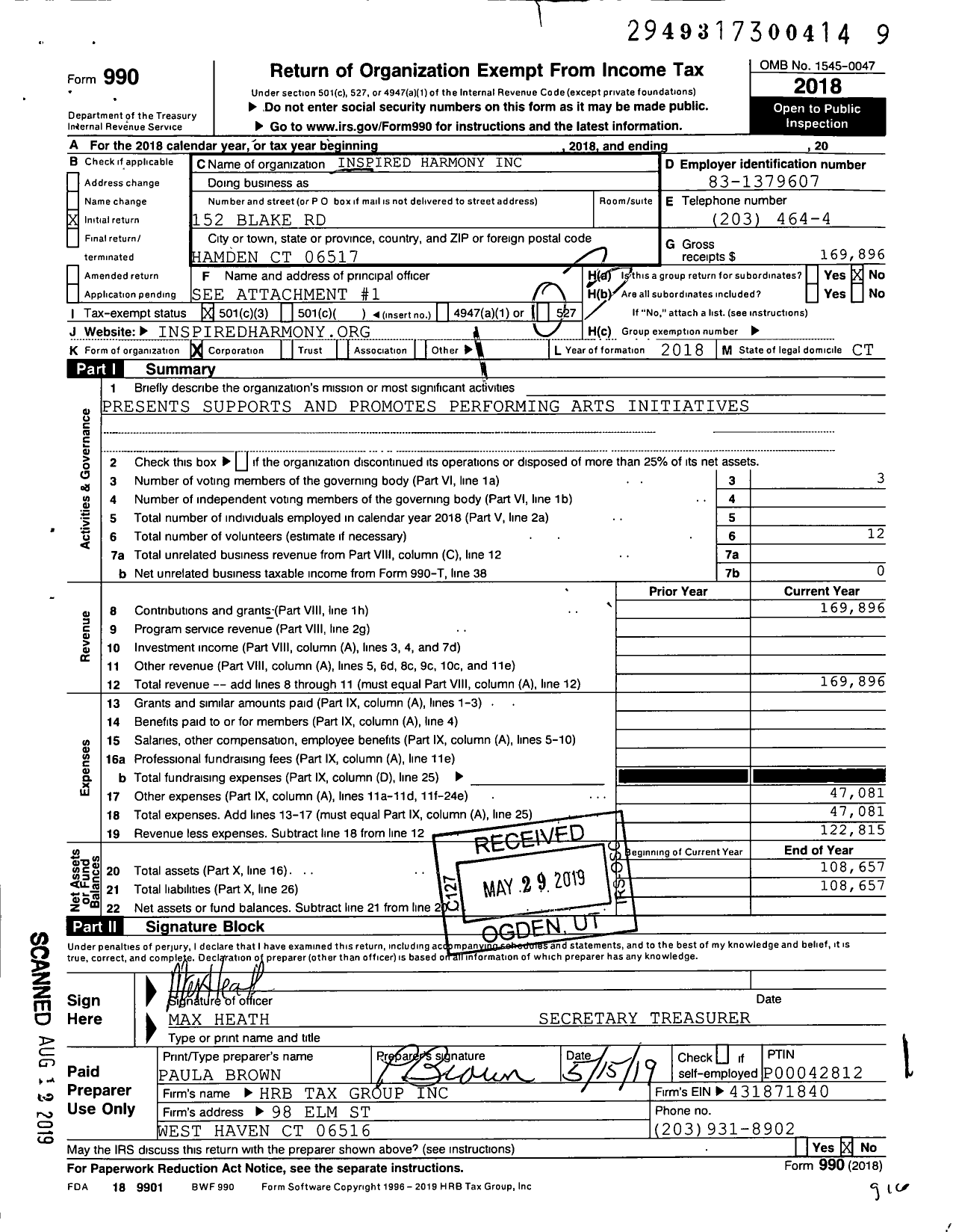 Image of first page of 2018 Form 990 for Inspired Harmony