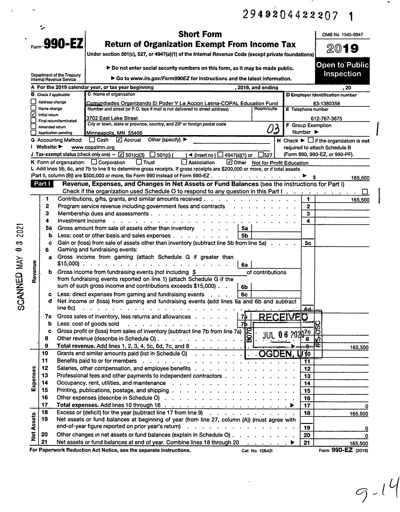 Image of first page of 2019 Form 990EZ for Copal-Education Fund Communidades Organizando El Poder Y La A