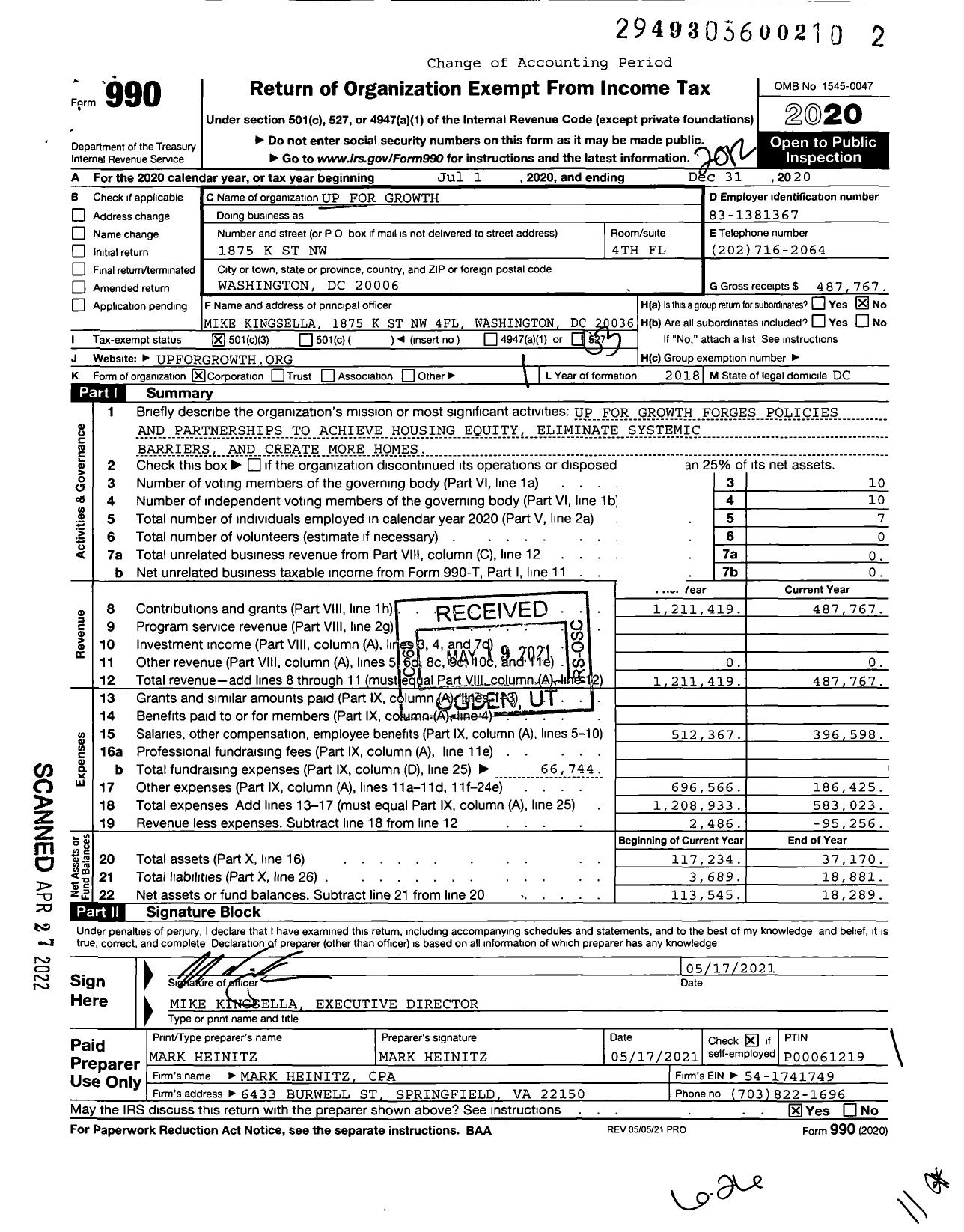 Image of first page of 2020 Form 990 for Up for Growth