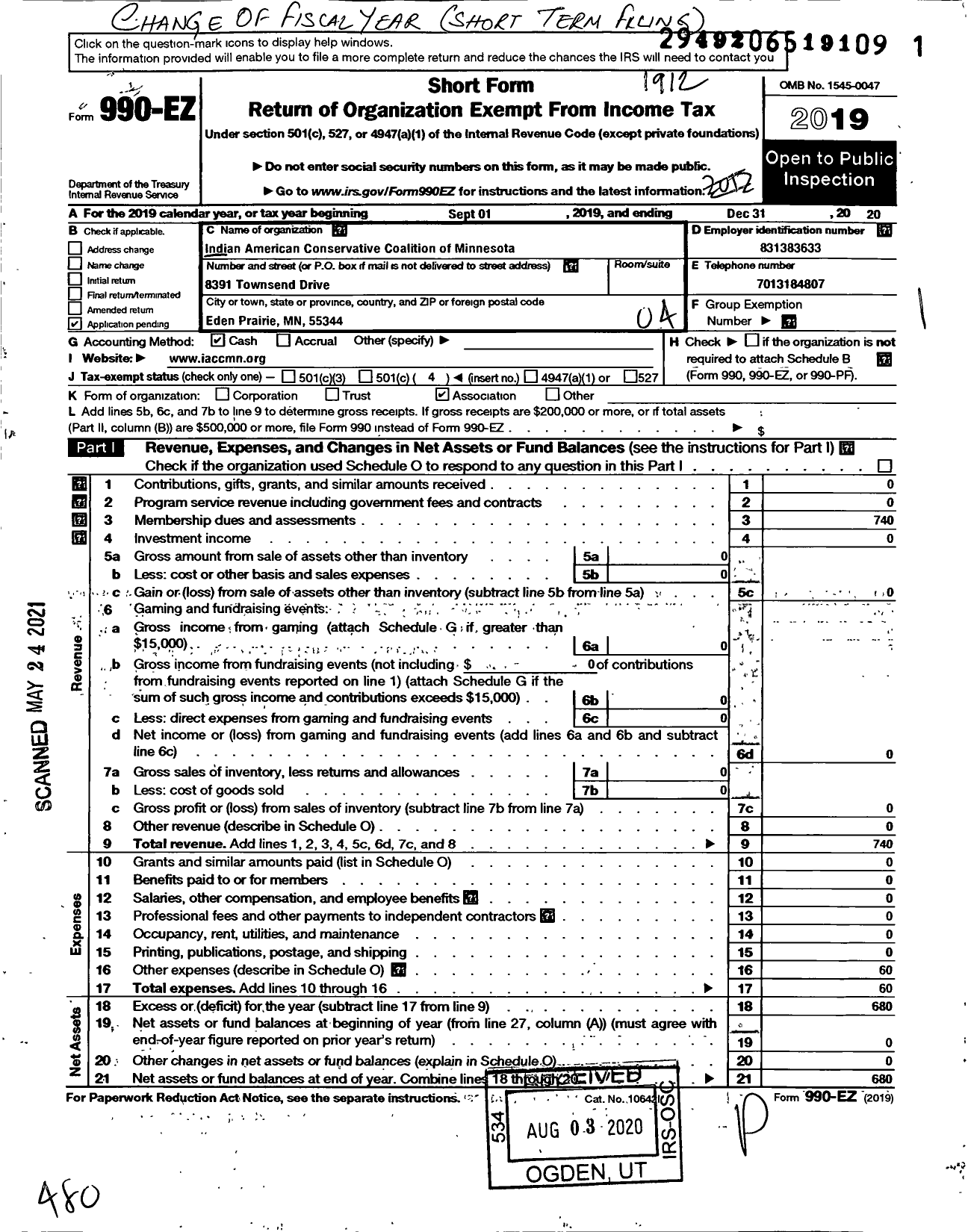 Image of first page of 2019 Form 990EO for Indian American Conservative Coalition of Minnesota