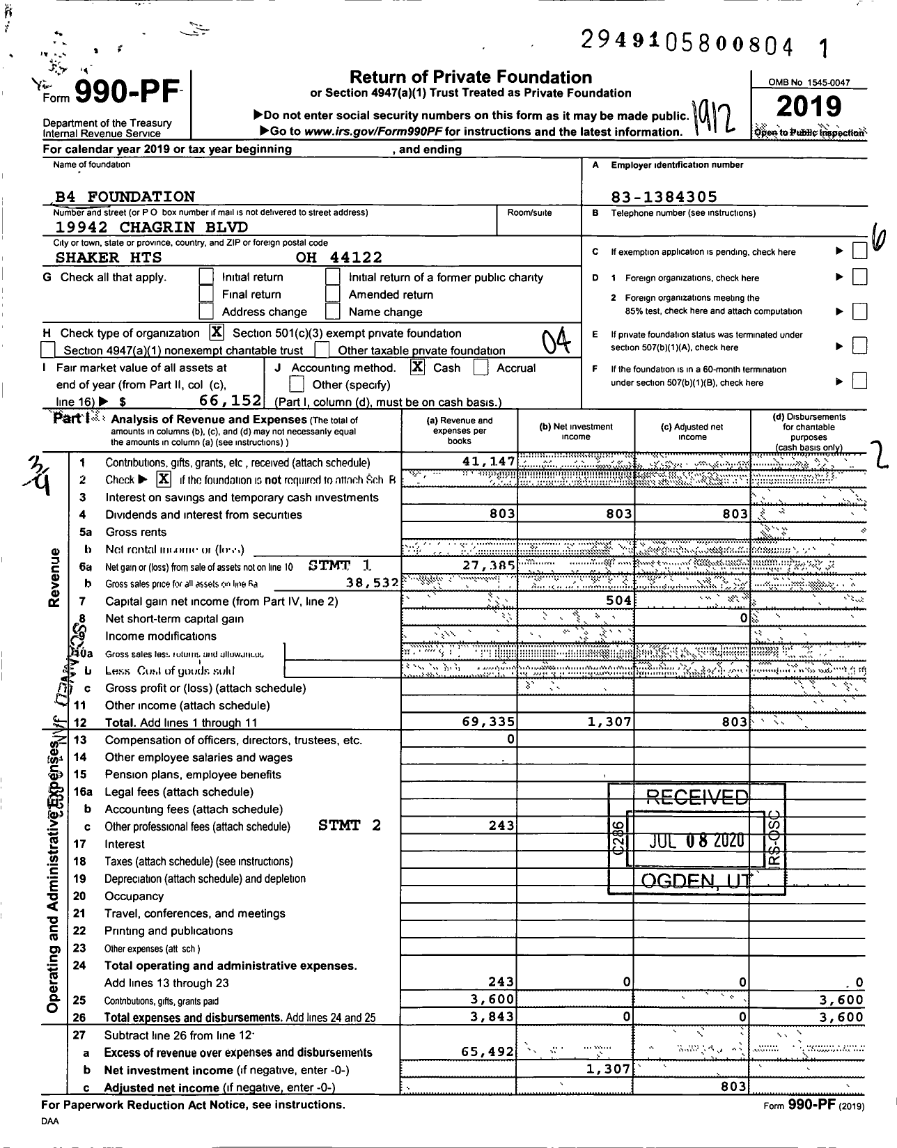 Image of first page of 2019 Form 990PF for B4 Foundation