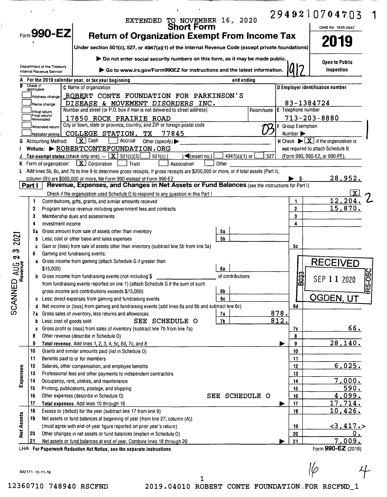 Image of first page of 2019 Form 990EZ for Robert Conte Foundation for Parkinsons Disease and Movement Di