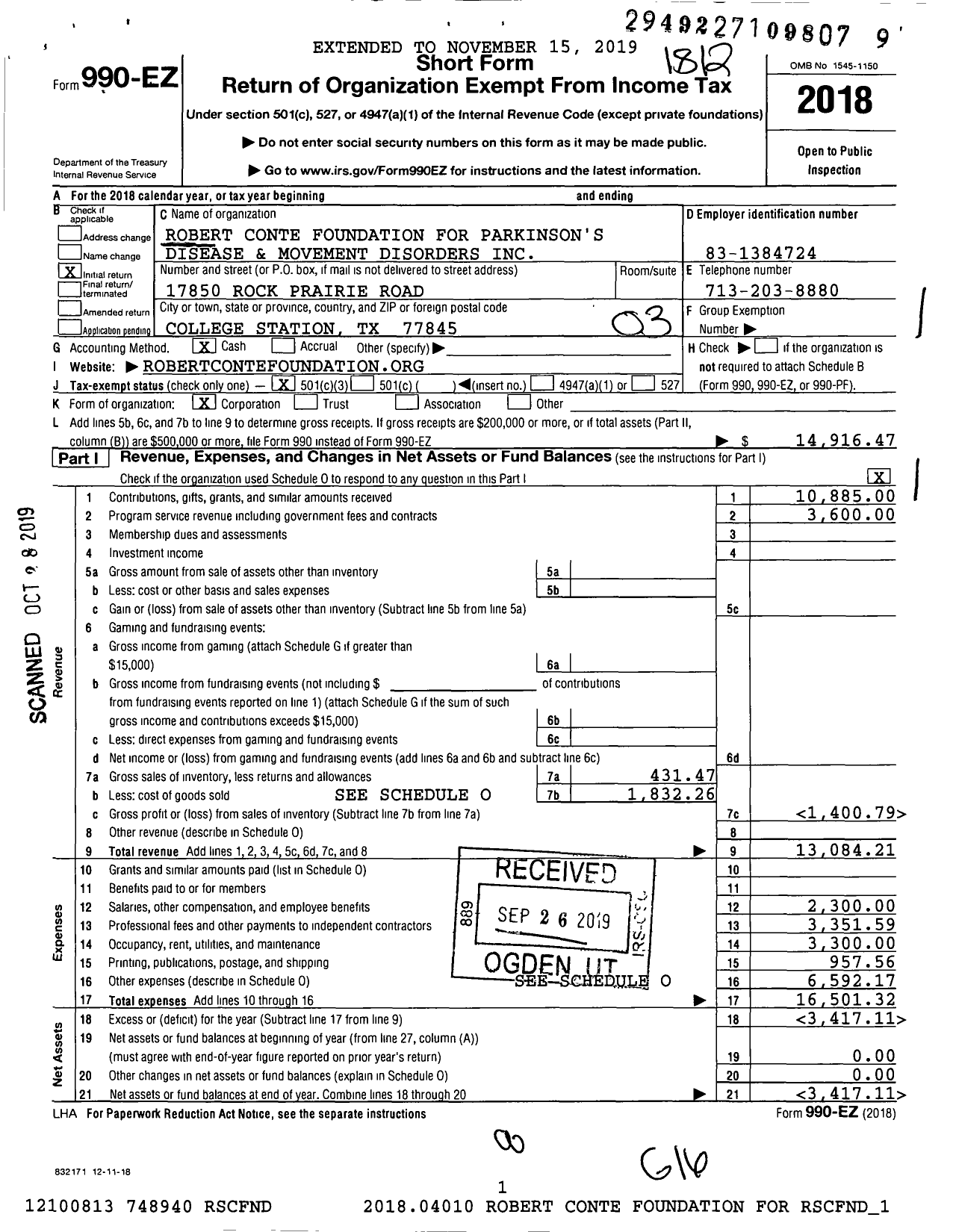 Image of first page of 2018 Form 990EZ for Robert Conte Foundation for Parkinsons Disease and Movement Di