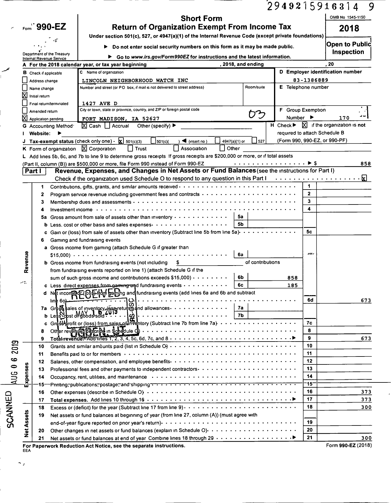 Image of first page of 2018 Form 990EZ for Lincoln Neighborhood Watch