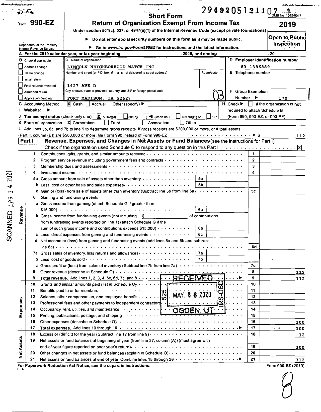 Image of first page of 2019 Form 990EZ for Lincoln Neighborhood Watch