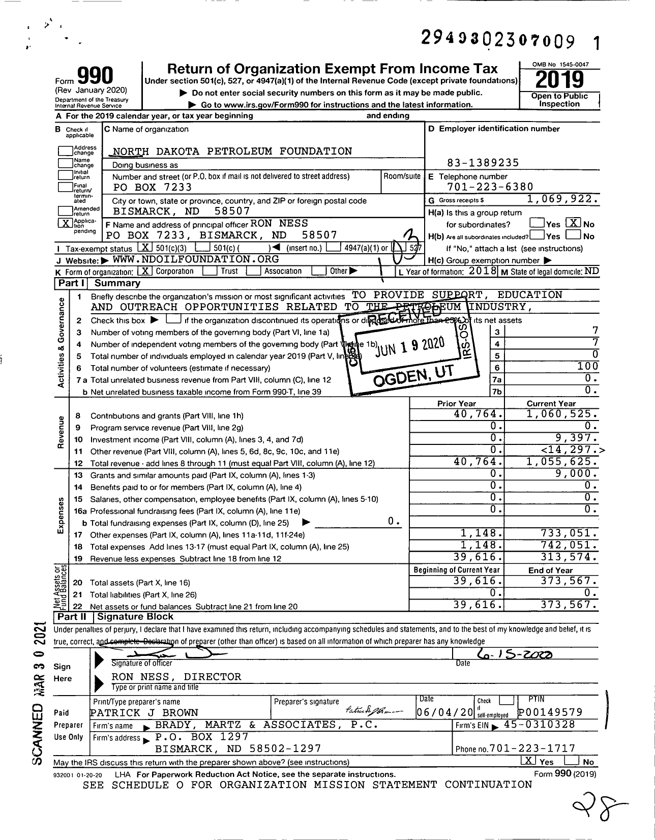 Image of first page of 2019 Form 990 for North Dakota Petroleum Foundation