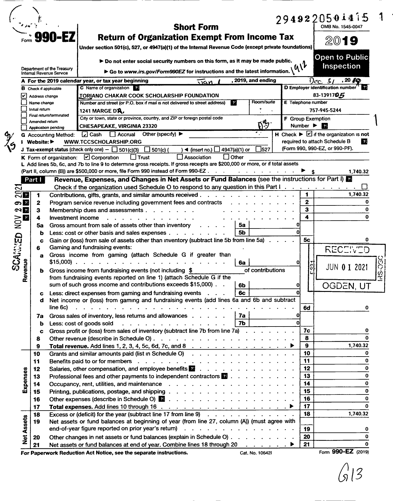 Image of first page of 2019 Form 990EZ for Toriano Chakar Cook Scholarship Foundation