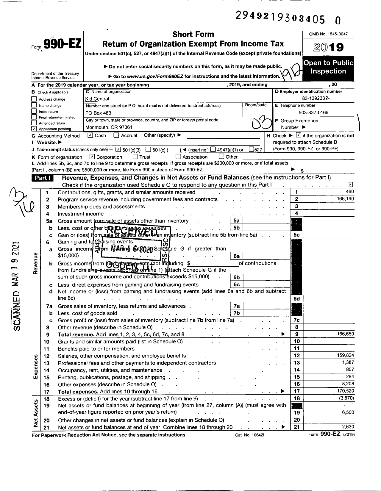 Image of first page of 2019 Form 990EZ for Kid Central