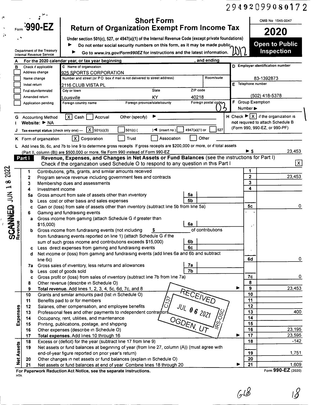 Image of first page of 2020 Form 990EZ for 925 Sports Corporation