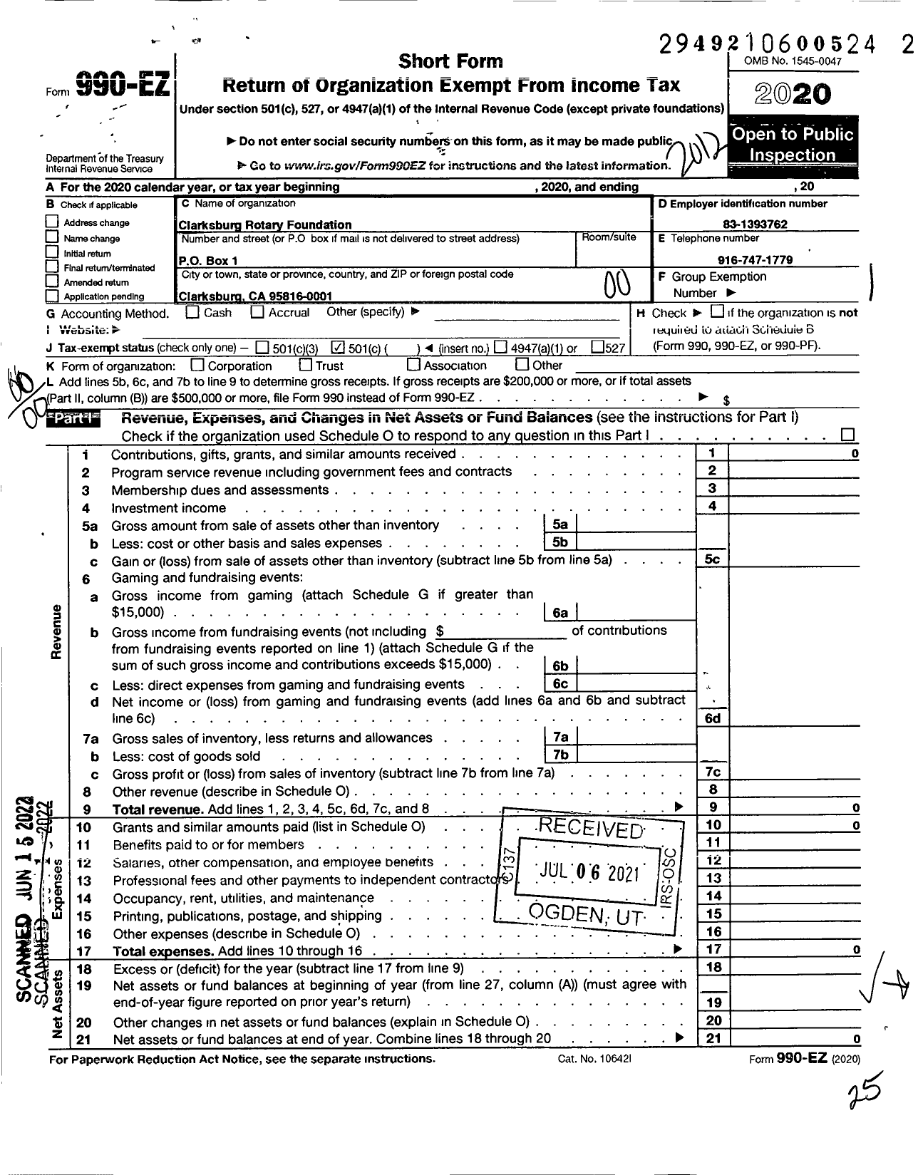 Image of first page of 2020 Form 990EO for Clarksburg Rotary Foundation