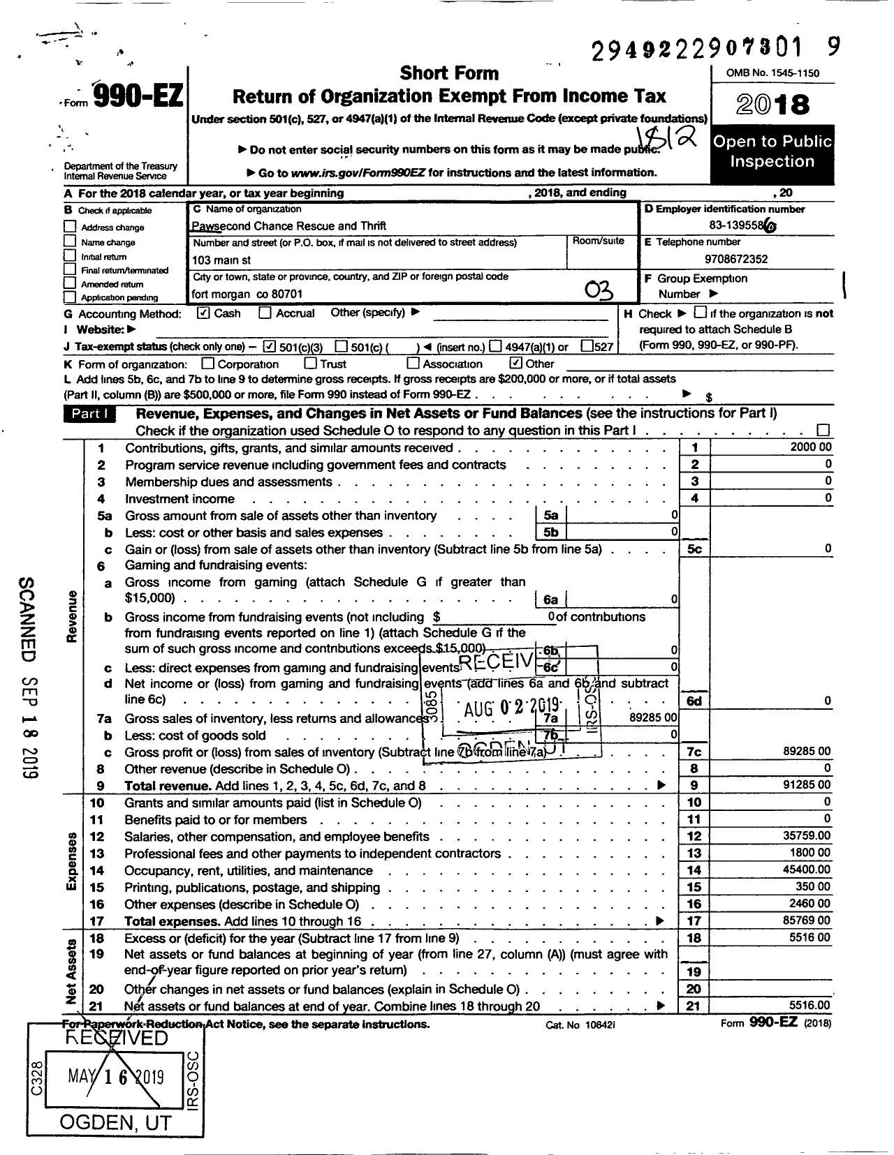 Image of first page of 2018 Form 990EZ for Pawsecond Chance Rescue and Thrift