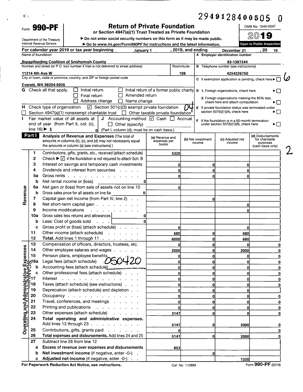 Image of first page of 2019 Form 990PF for Breastfeeding Coalition of Snohomish County