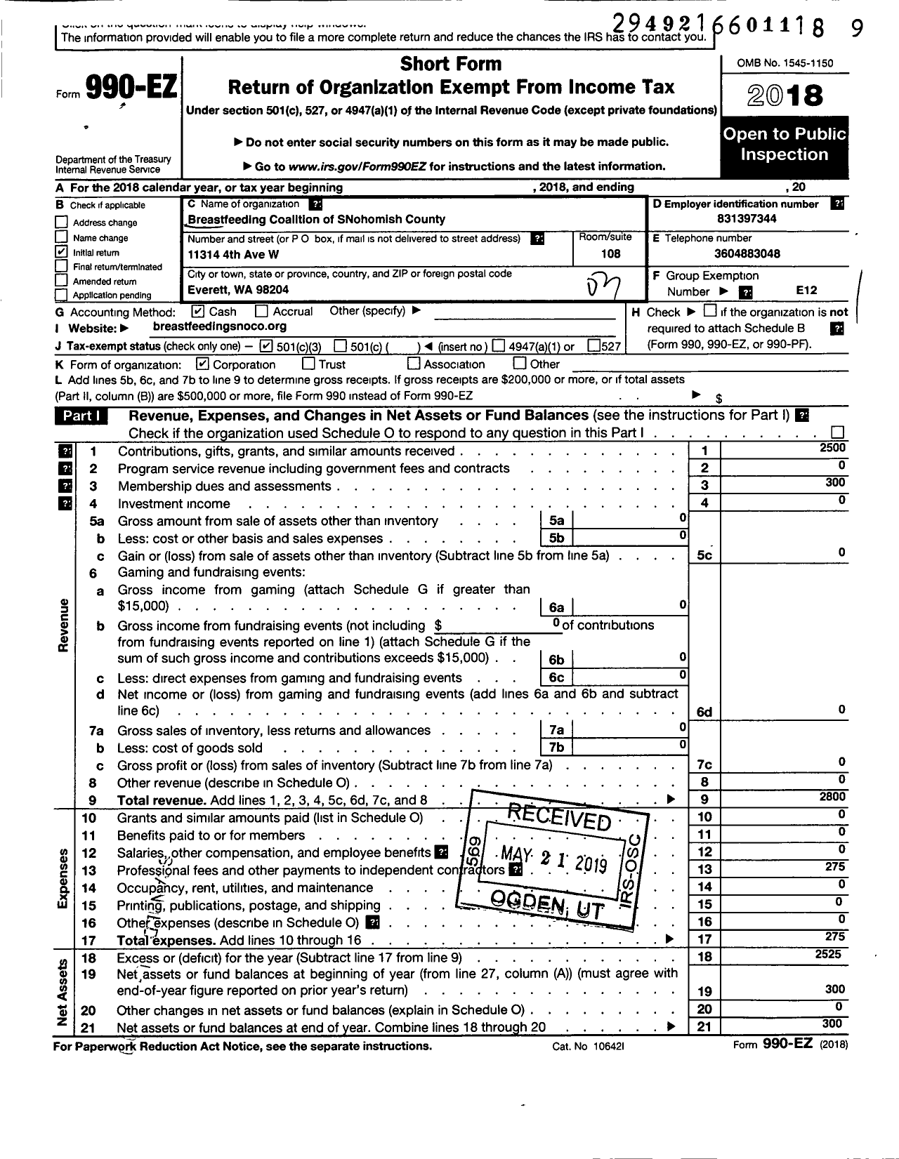 Image of first page of 2018 Form 990EZ for Breastfeeding Coalition of Snohomish County