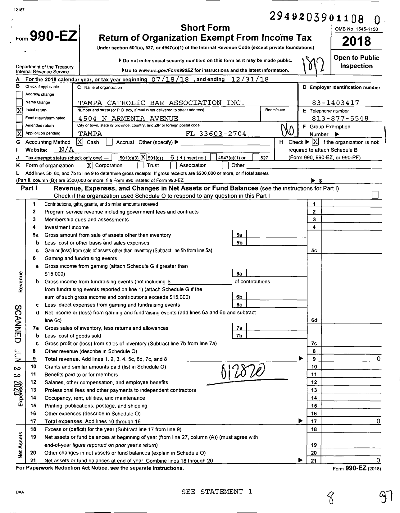 Image of first page of 2018 Form 990EO for Tampa Catholic Bar Association