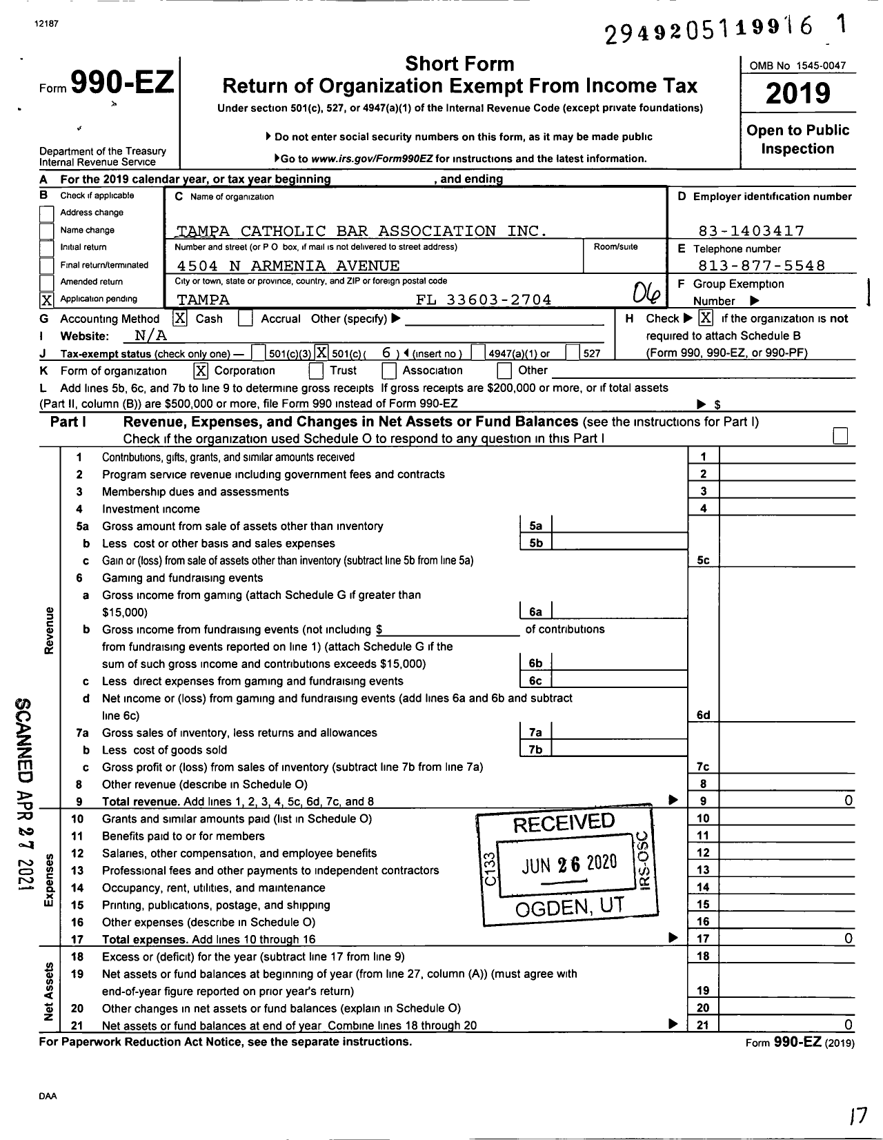 Image of first page of 2019 Form 990EO for Tampa Catholic Bar Association