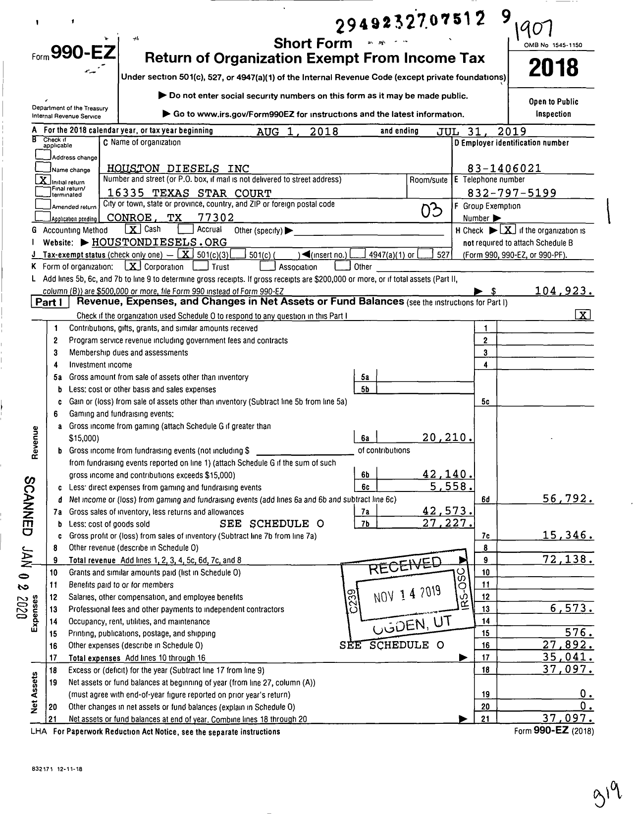 Image of first page of 2018 Form 990EZ for Houston Diesels