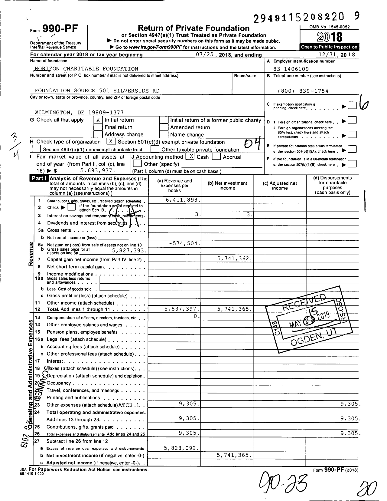 Image of first page of 2018 Form 990PF for Horizon Charitable Foundation