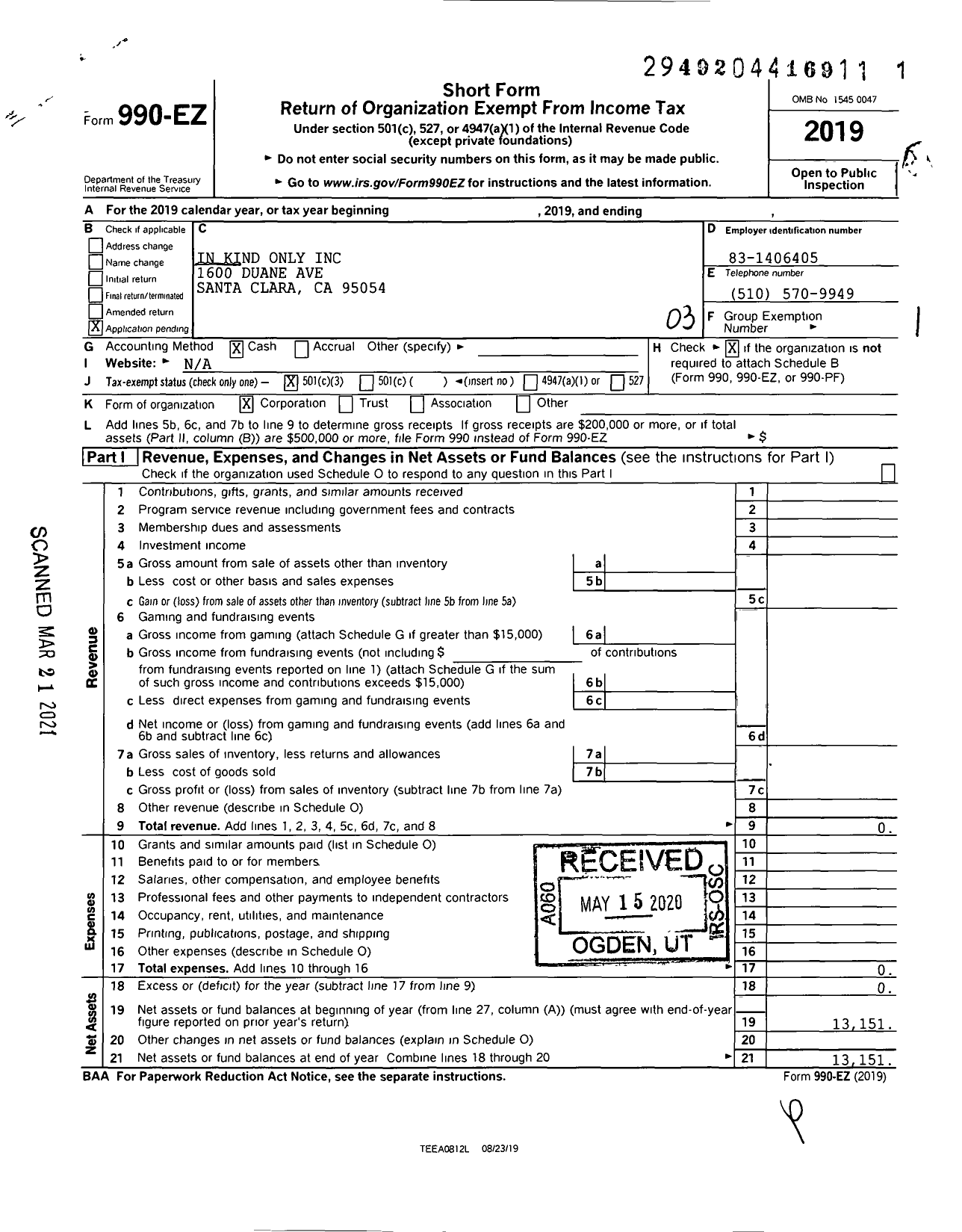 Image of first page of 2019 Form 990EZ for In Kind Only