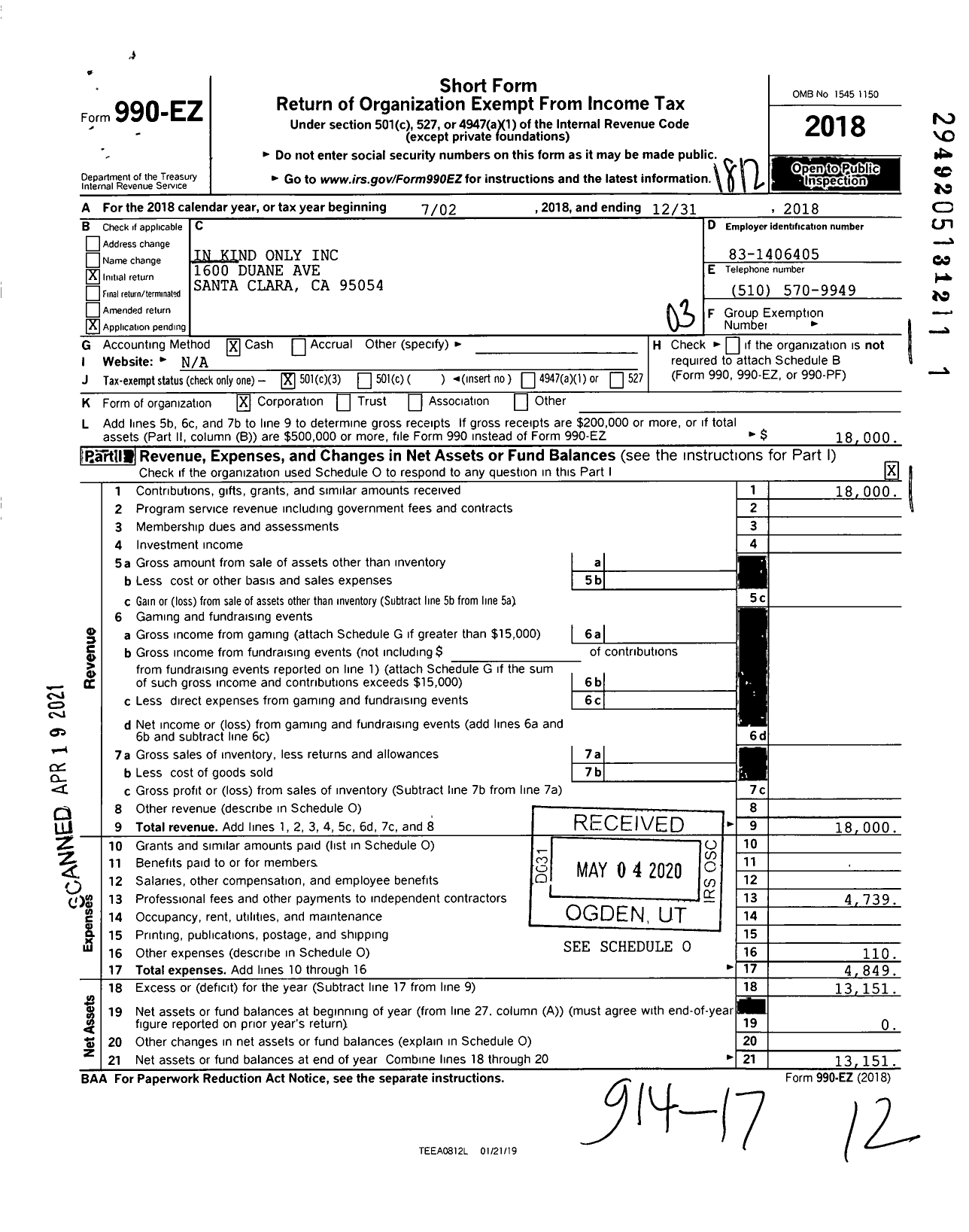 Image of first page of 2018 Form 990EZ for In Kind Only