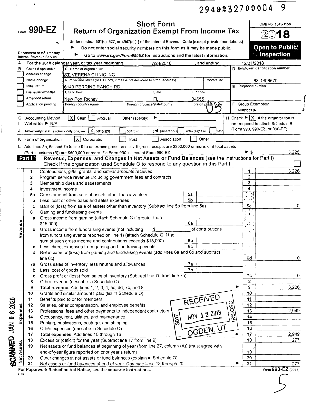 Image of first page of 2018 Form 990EZ for St Verena Clinic