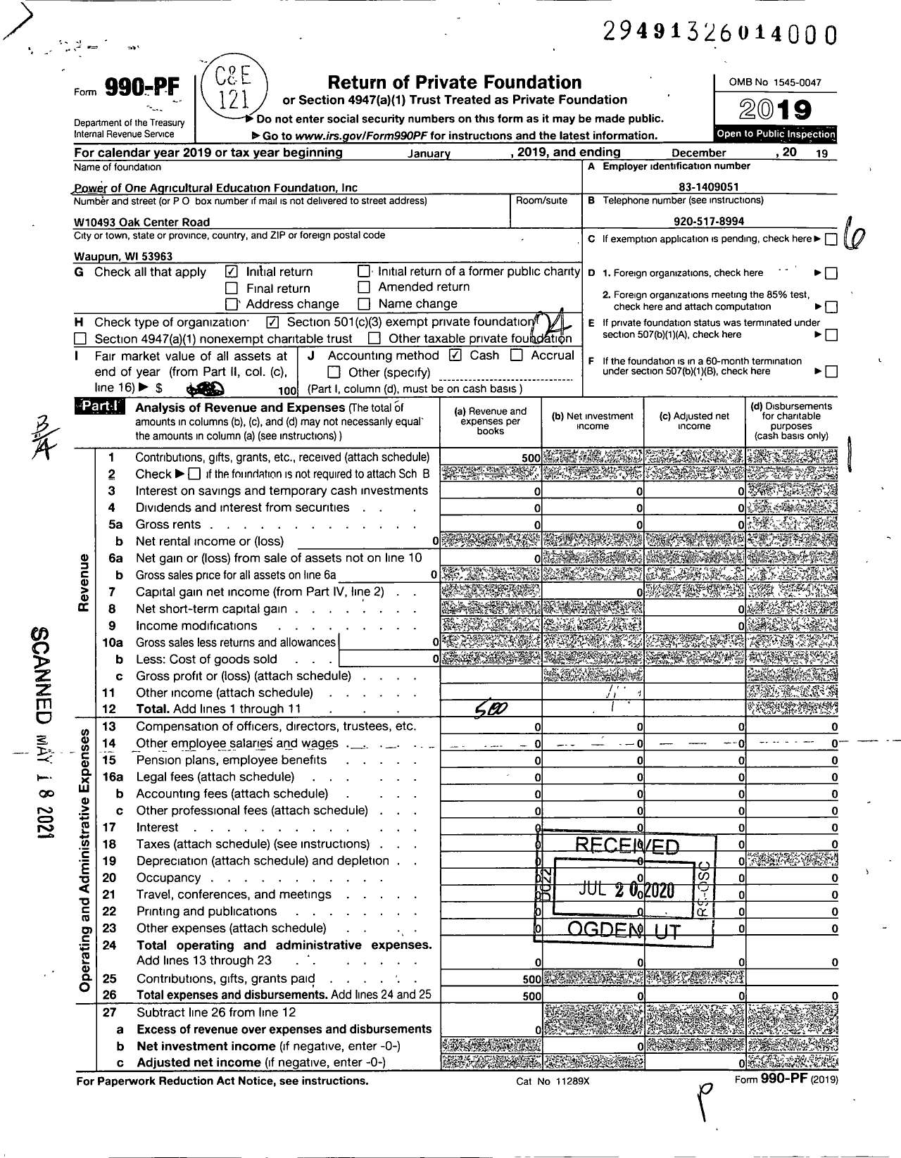 Image of first page of 2019 Form 990PF for Power of One Agricultural Education Foundation