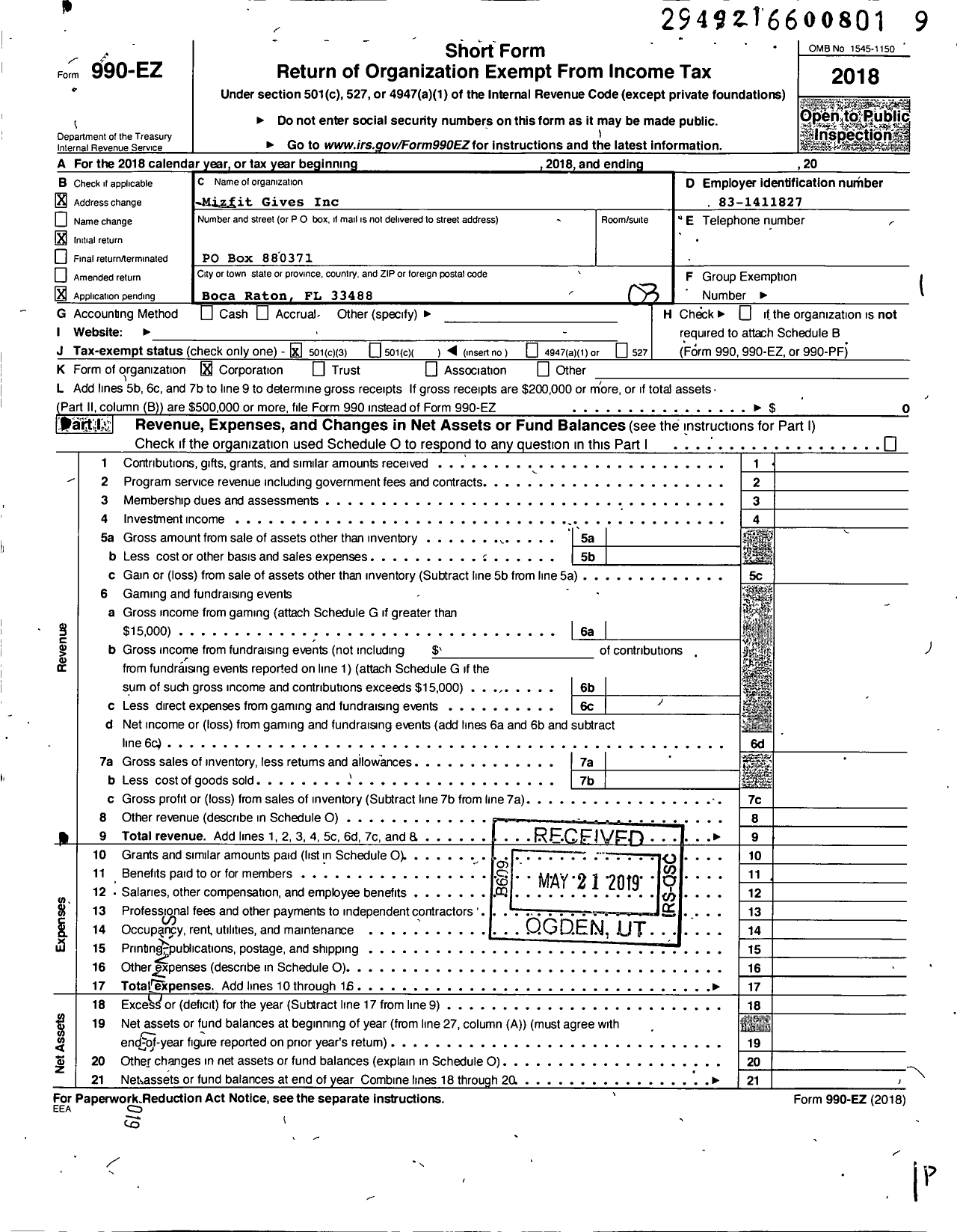 Image of first page of 2018 Form 990EZ for Mizfit Gives