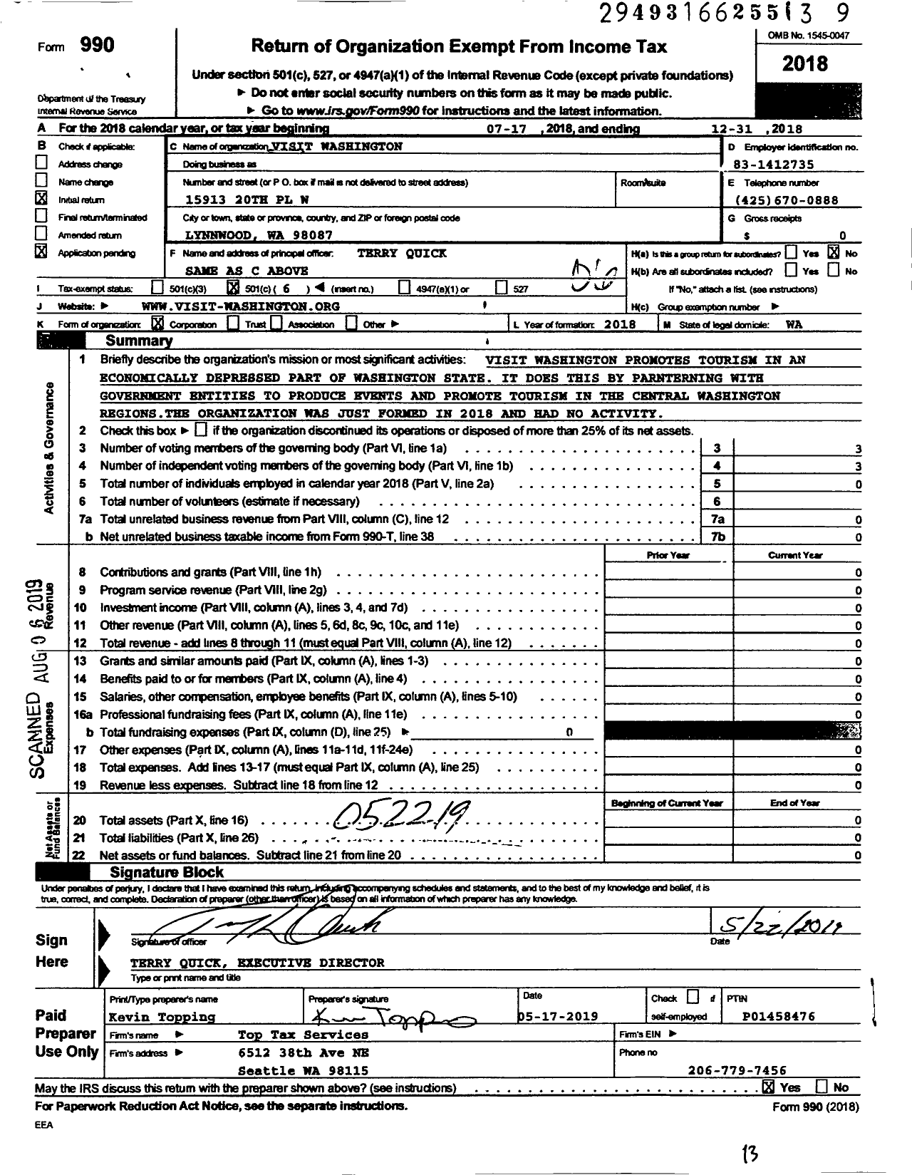 Image of first page of 2018 Form 990O for Visit Washington