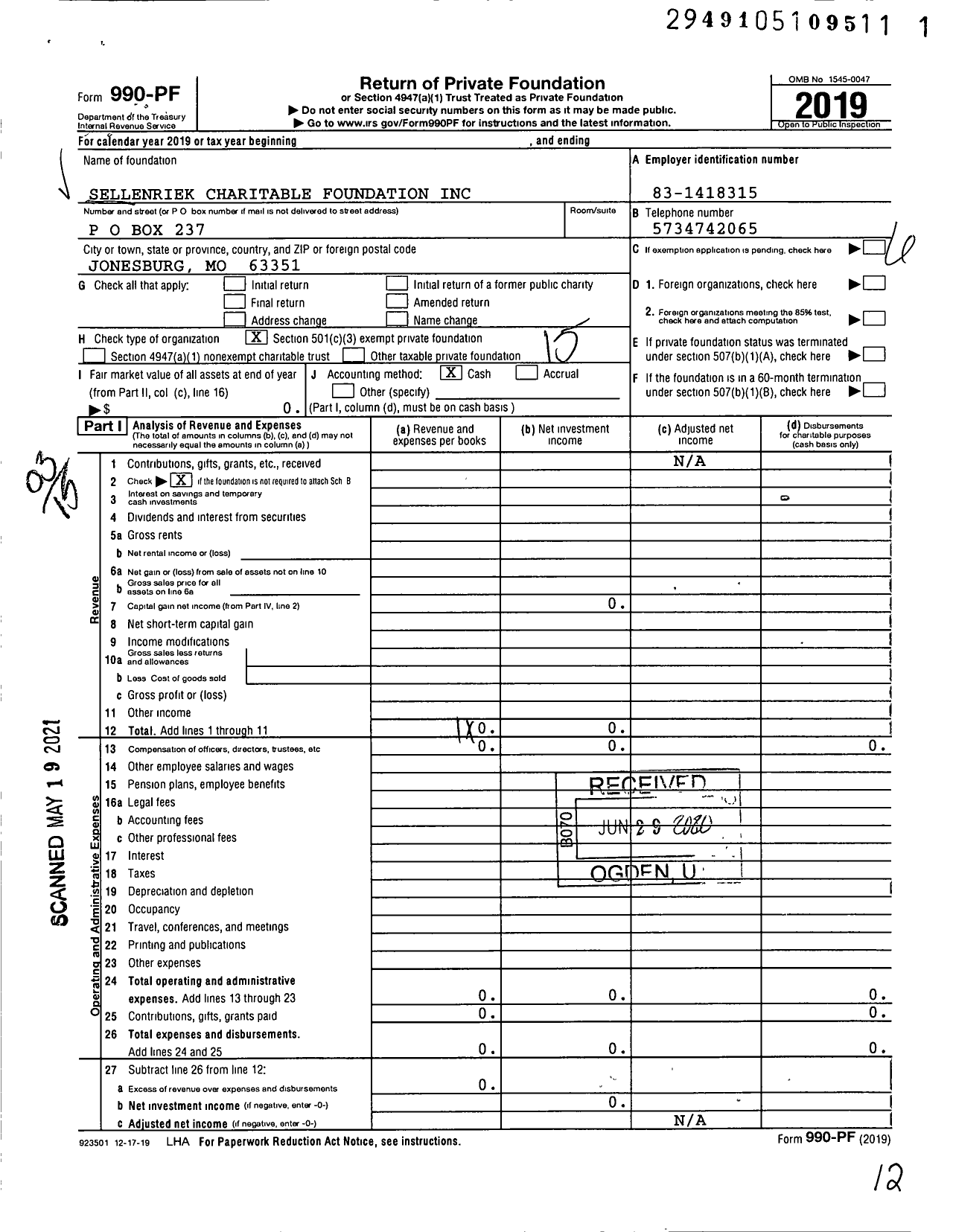 Image of first page of 2019 Form 990PF for Sellenriek Charitable Foundation