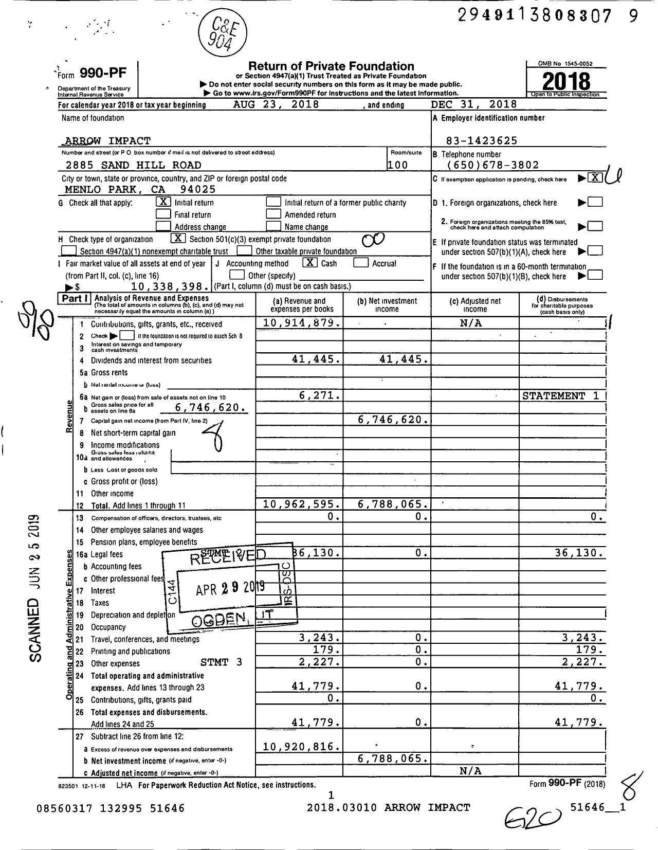 Image of first page of 2018 Form 990PF for Arrow Impact