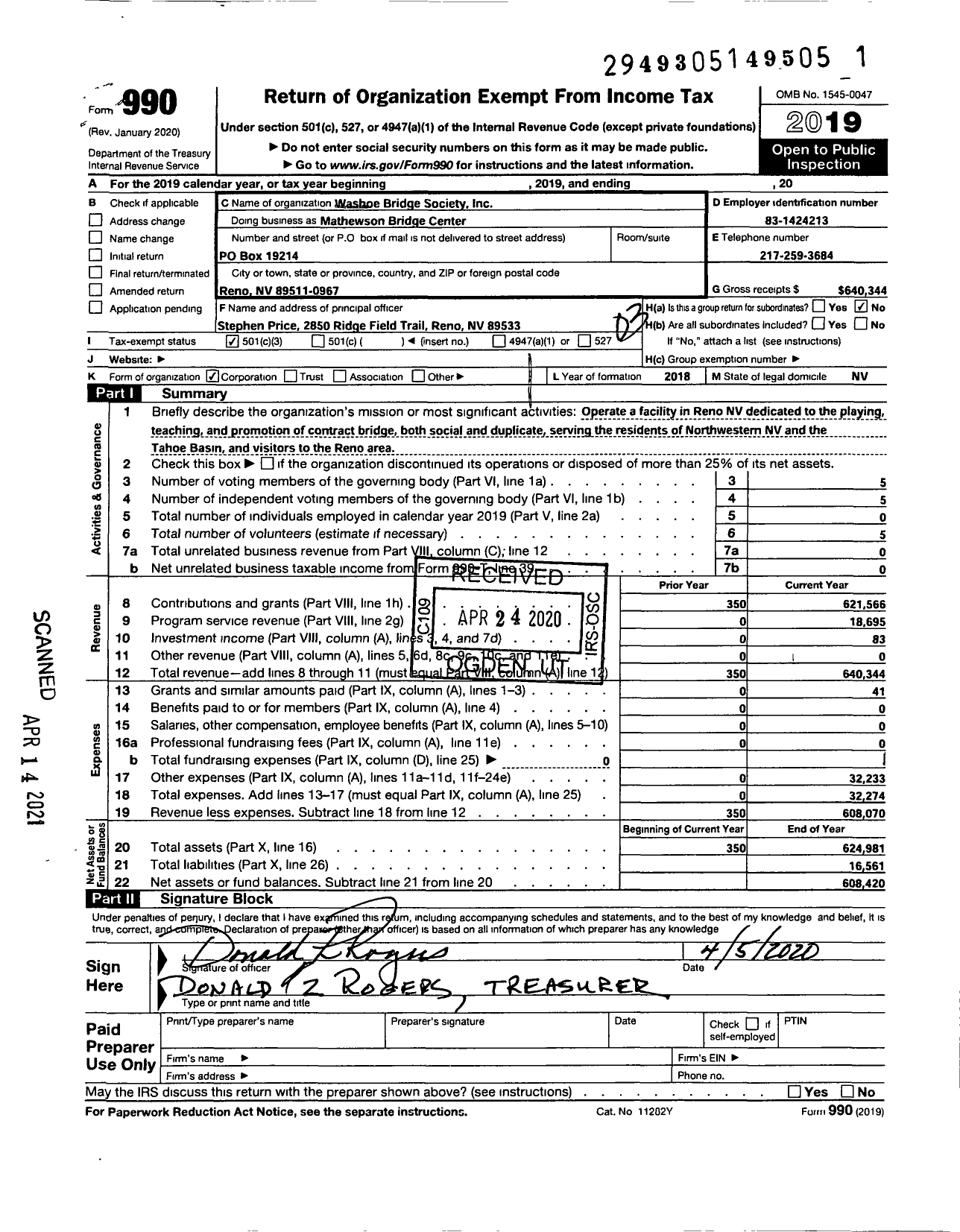 Image of first page of 2019 Form 990 for Mathewson Bridge Center
