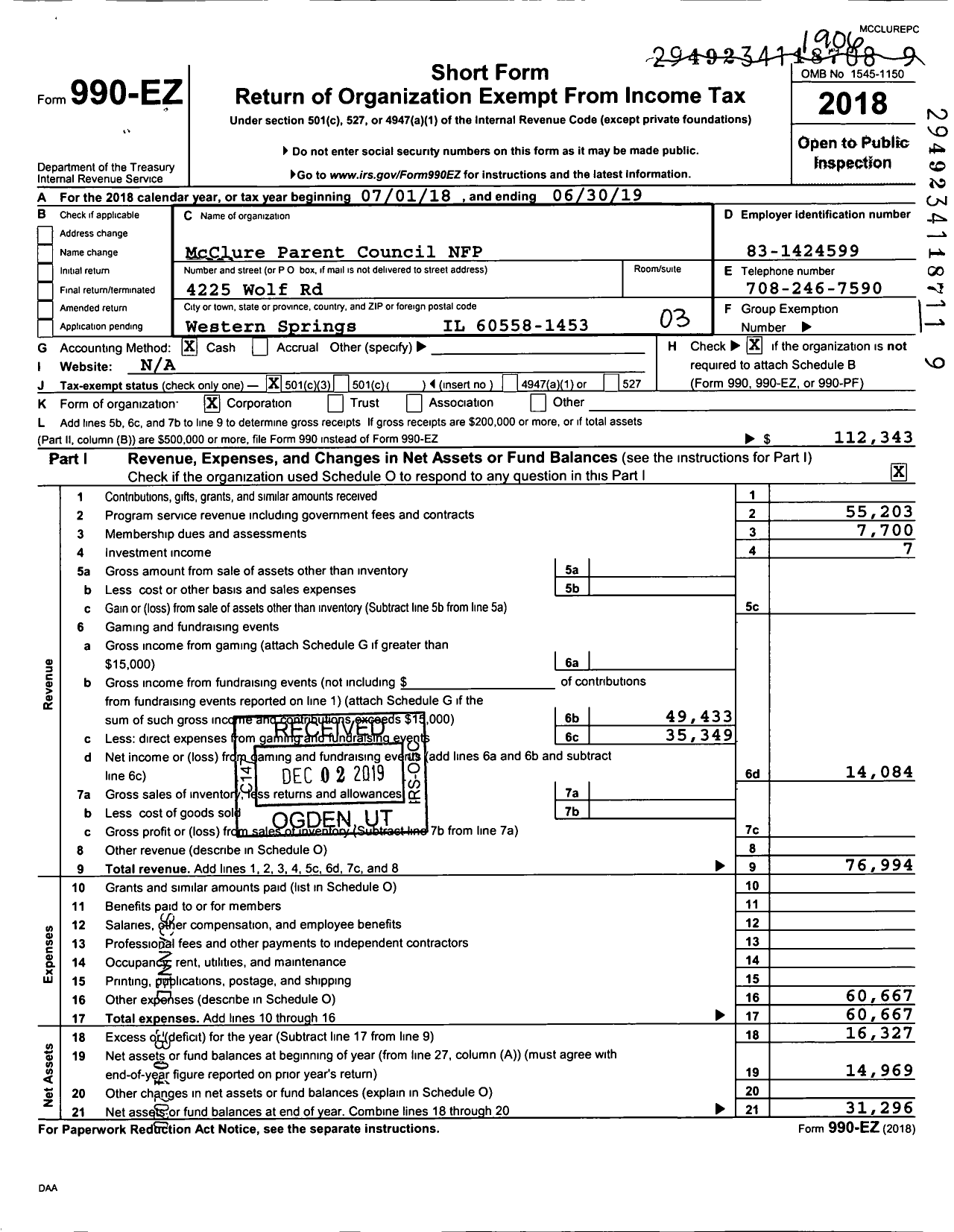Image of first page of 2018 Form 990EZ for Mcclure Parent Council NFP