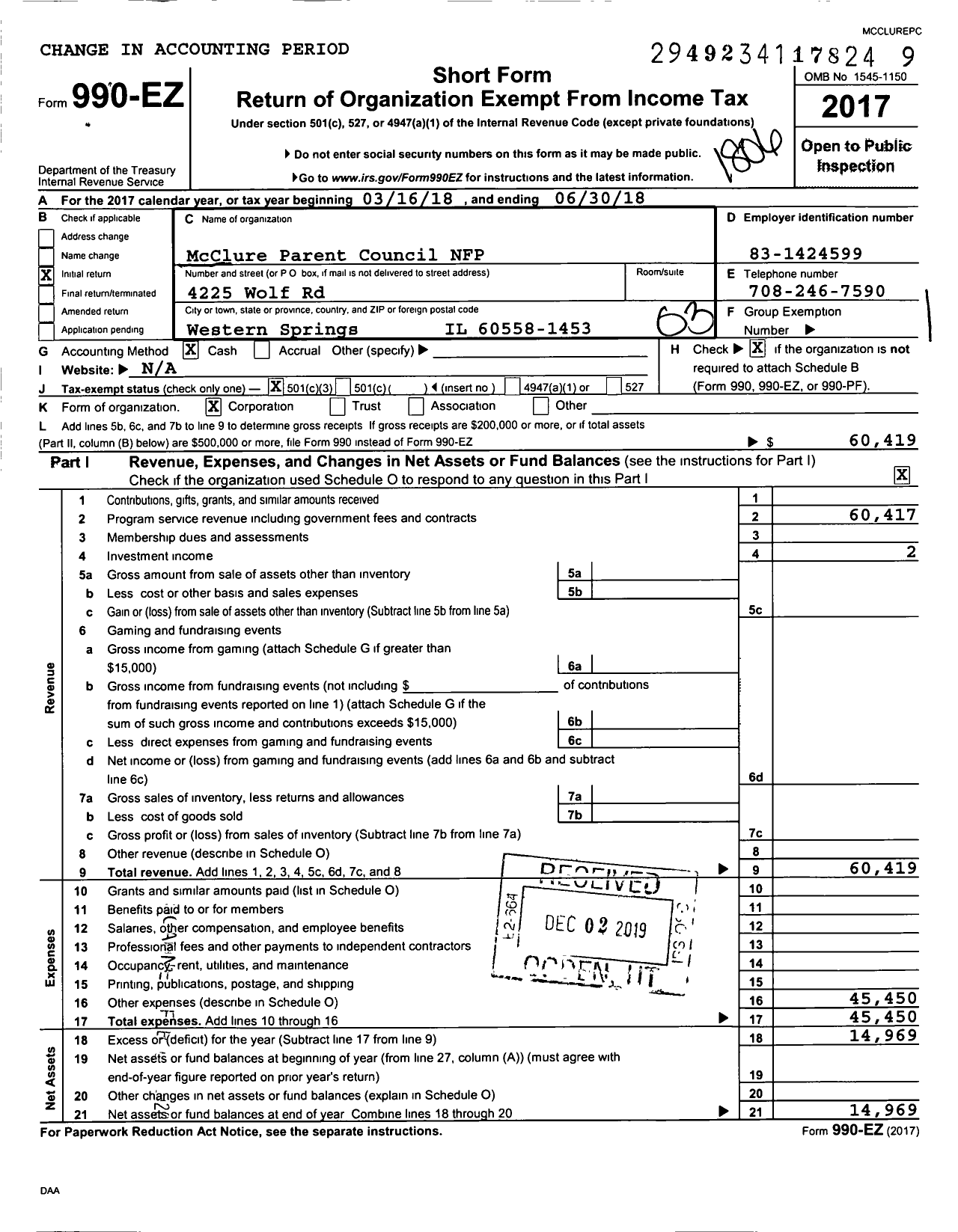 Image of first page of 2017 Form 990EZ for Mcclure Parent Council NFP
