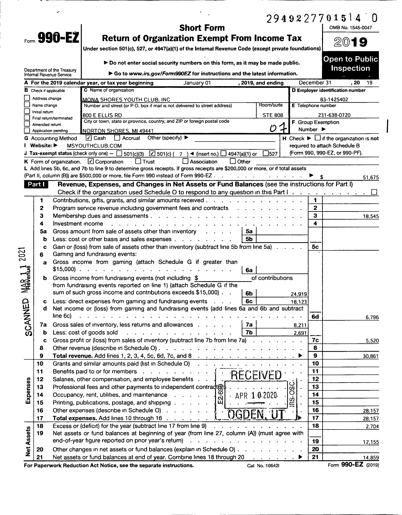 Image of first page of 2019 Form 990EO for Mona Shores Youth Club