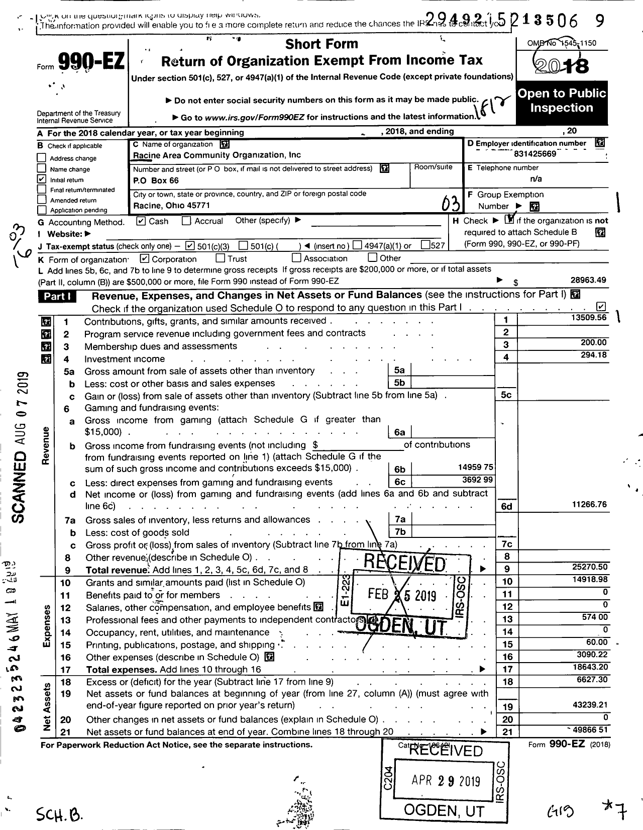 Image of first page of 2018 Form 990EZ for Racine Area Community Organization