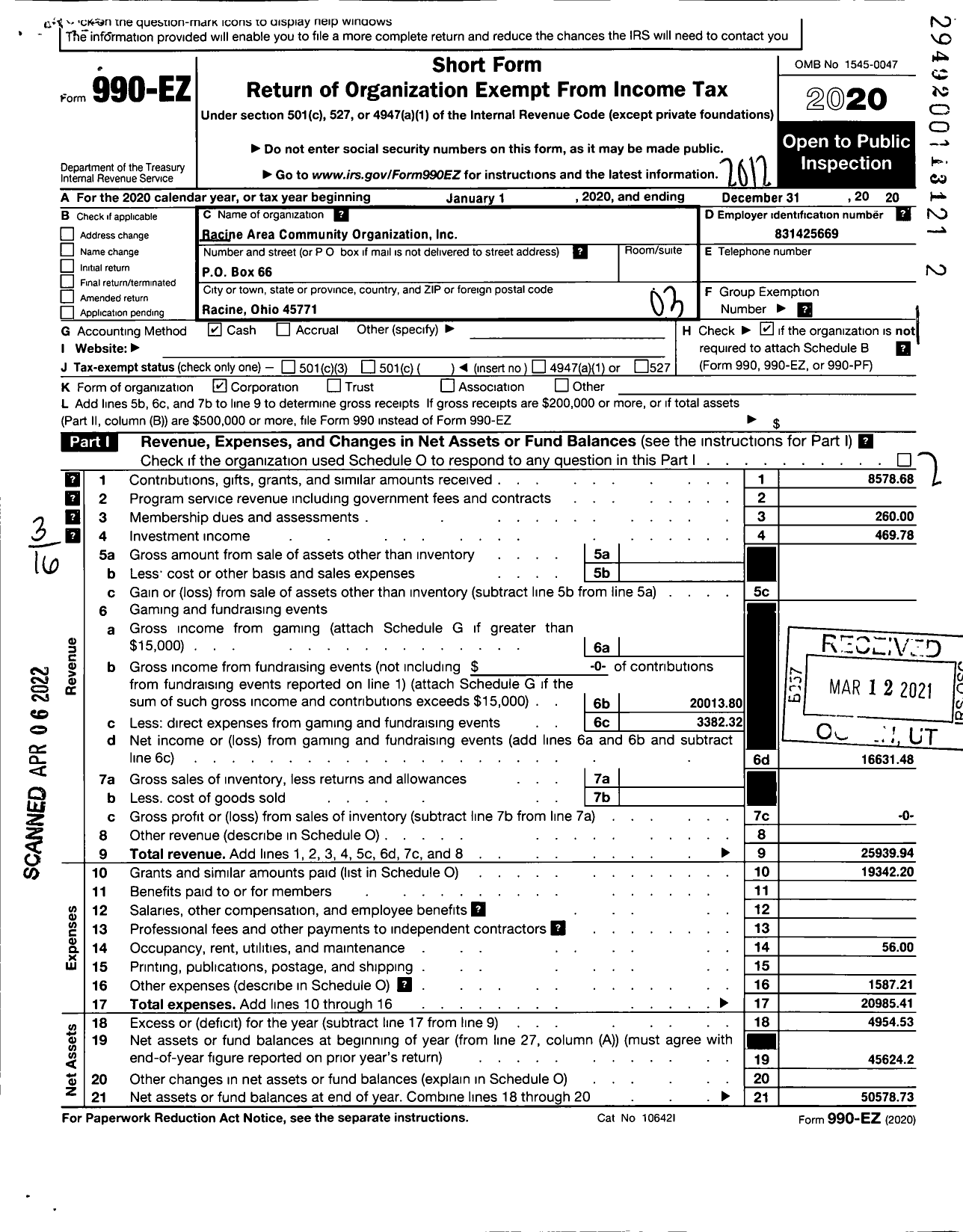 Image of first page of 2020 Form 990EZ for Racine Area Community Organization