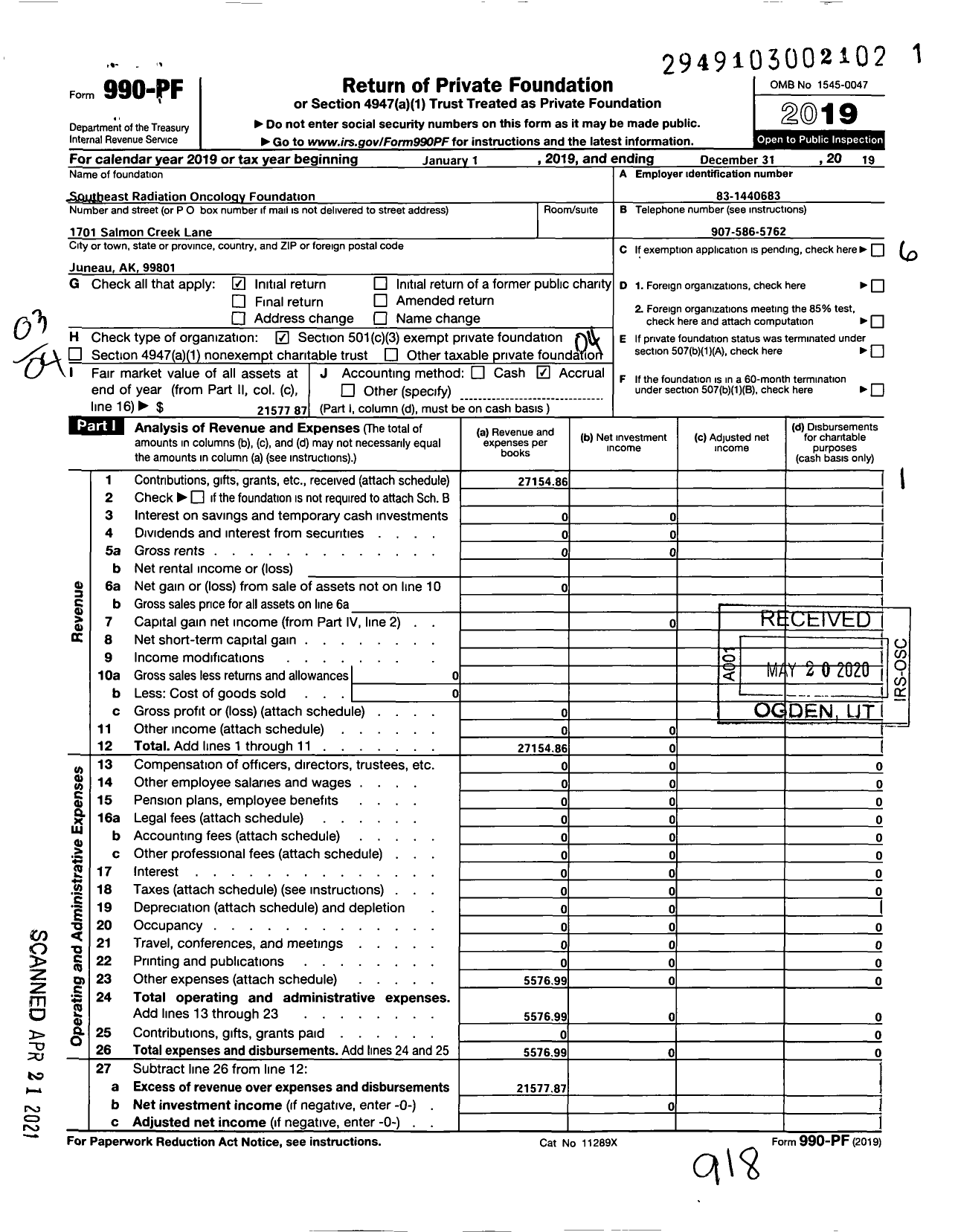 Image of first page of 2019 Form 990PF for Southeast Radiation Oncology Foundation