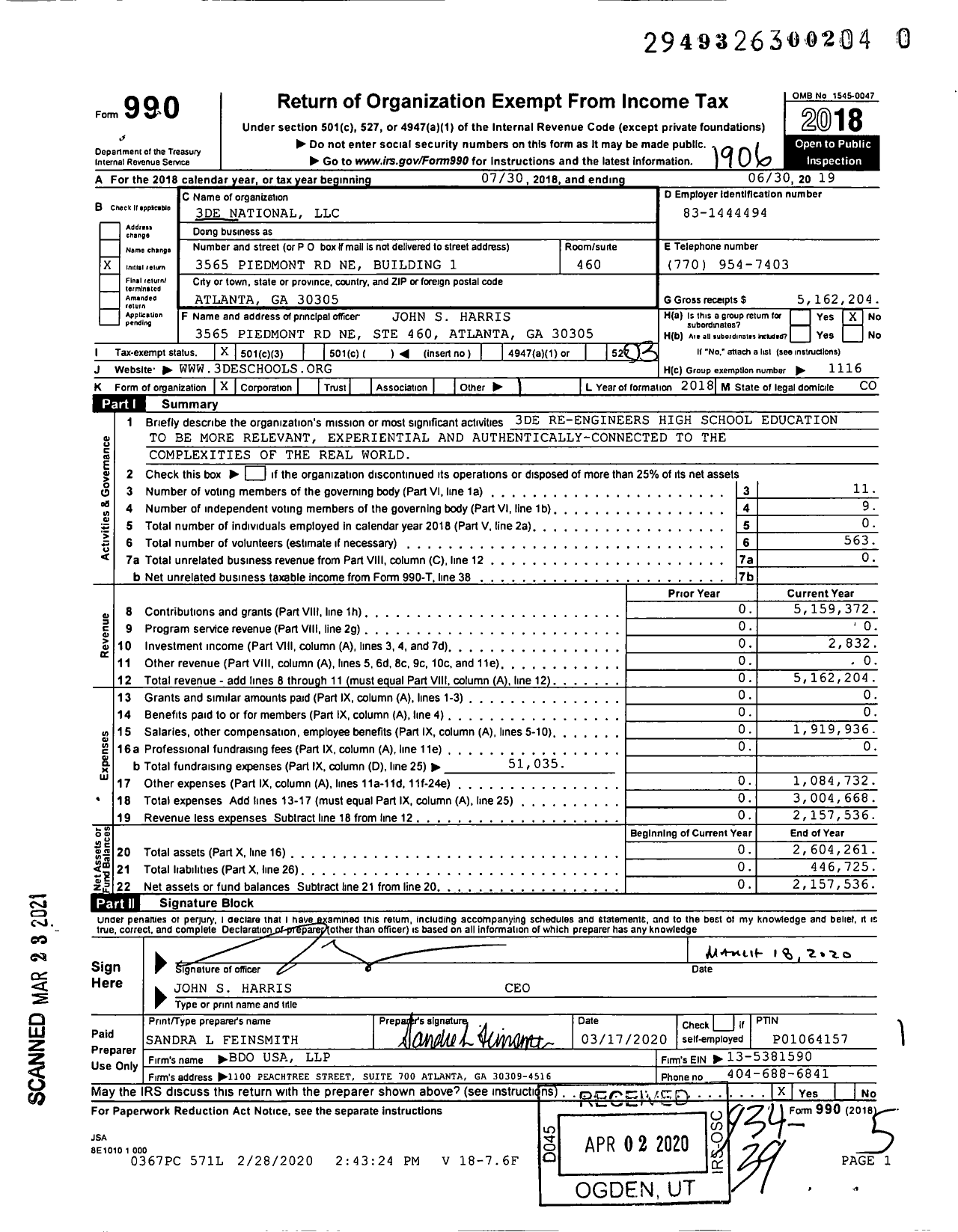 Image of first page of 2018 Form 990 for 3DE National LLC