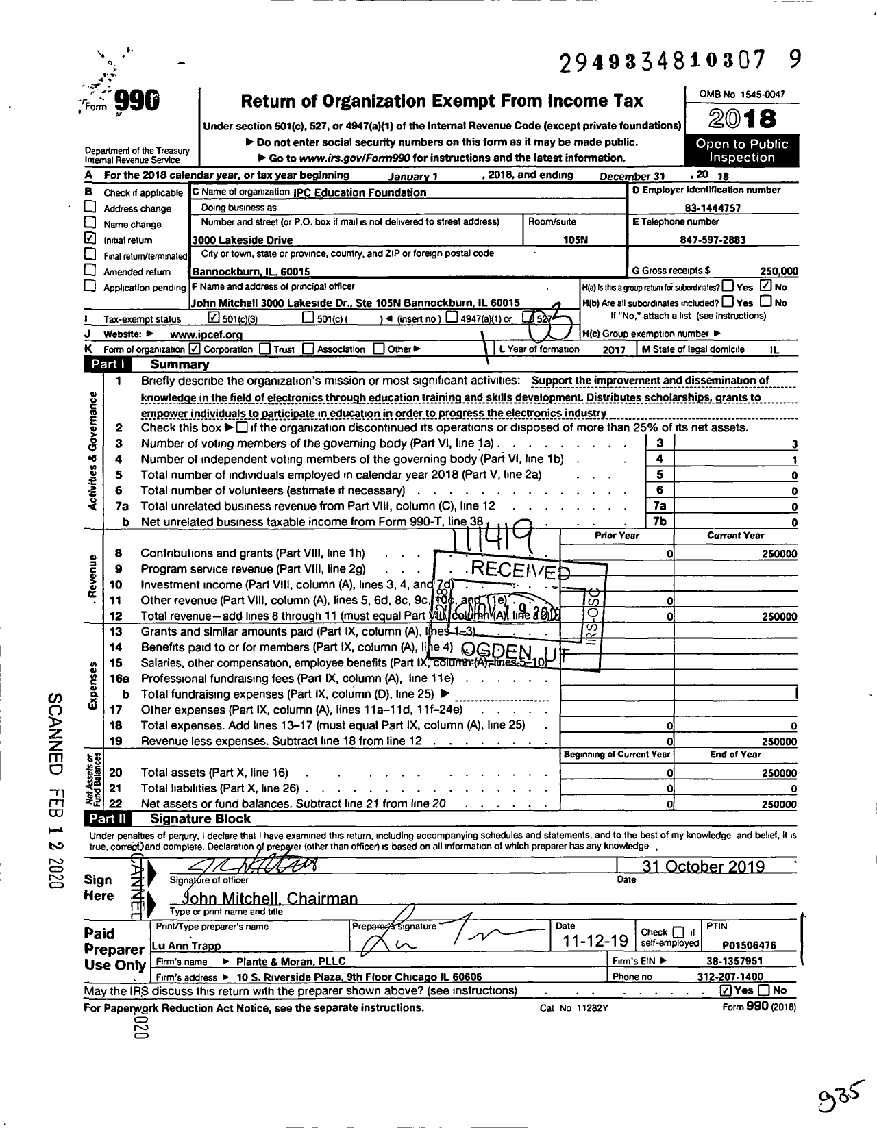 Image of first page of 2018 Form 990 for Ipc Education Foundation