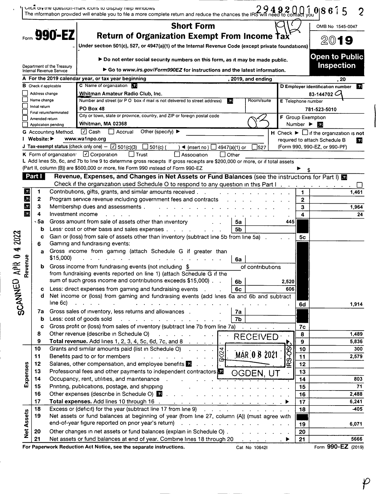 Image of first page of 2019 Form 990EZ for Whitman Amateur Radio Club