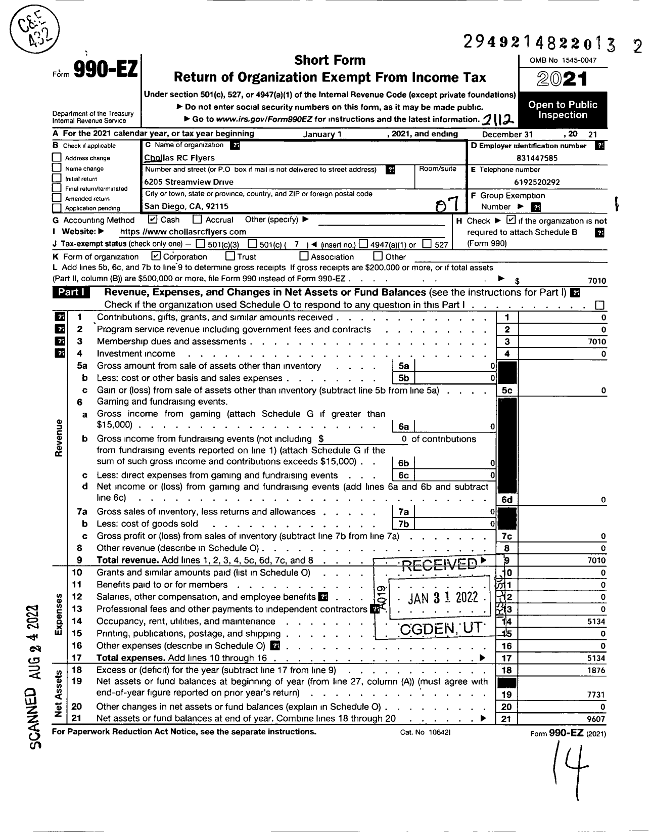 Image of first page of 2021 Form 990EO for Chollas RC Flyers