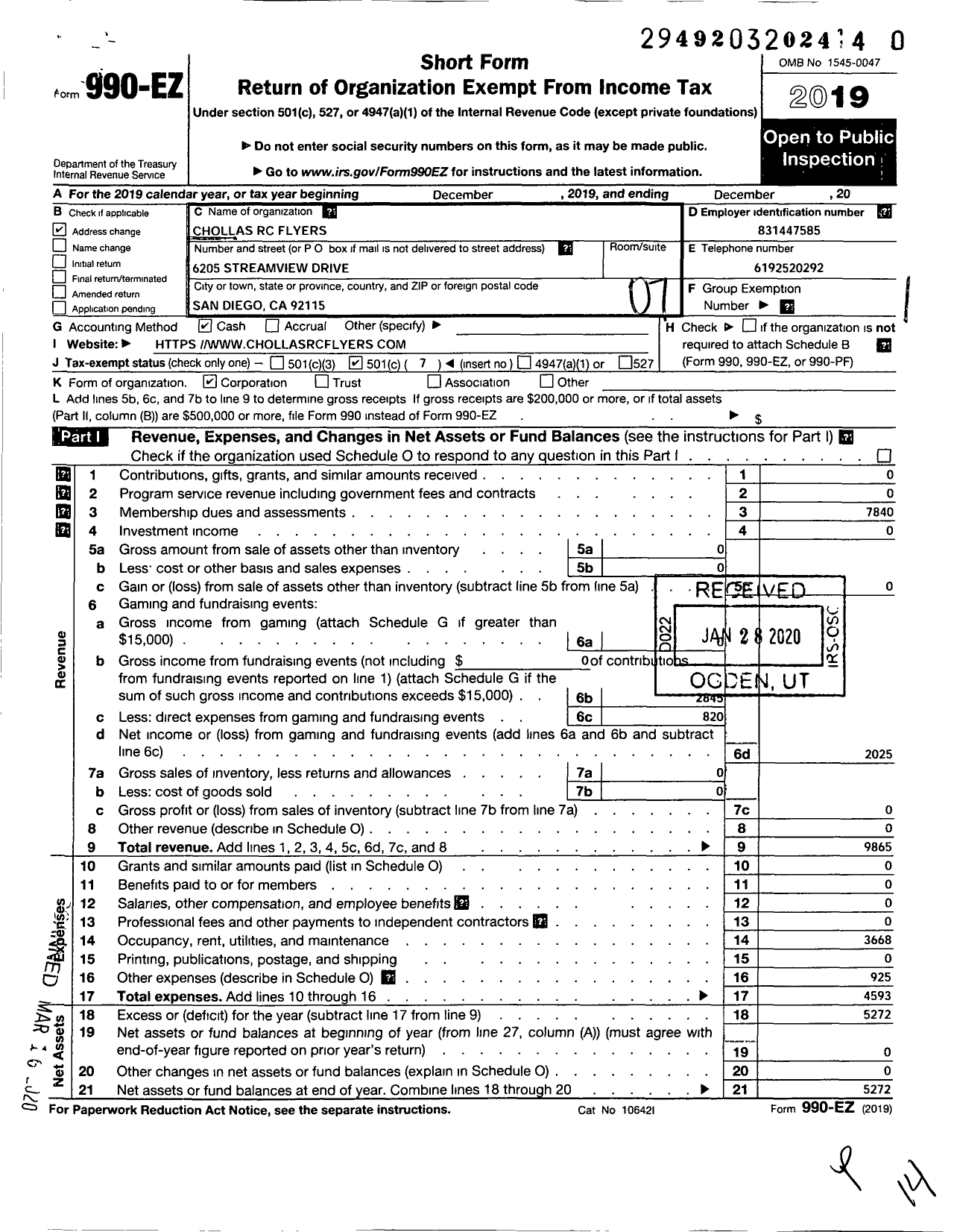 Image of first page of 2019 Form 990EO for Chollas RC Flyers