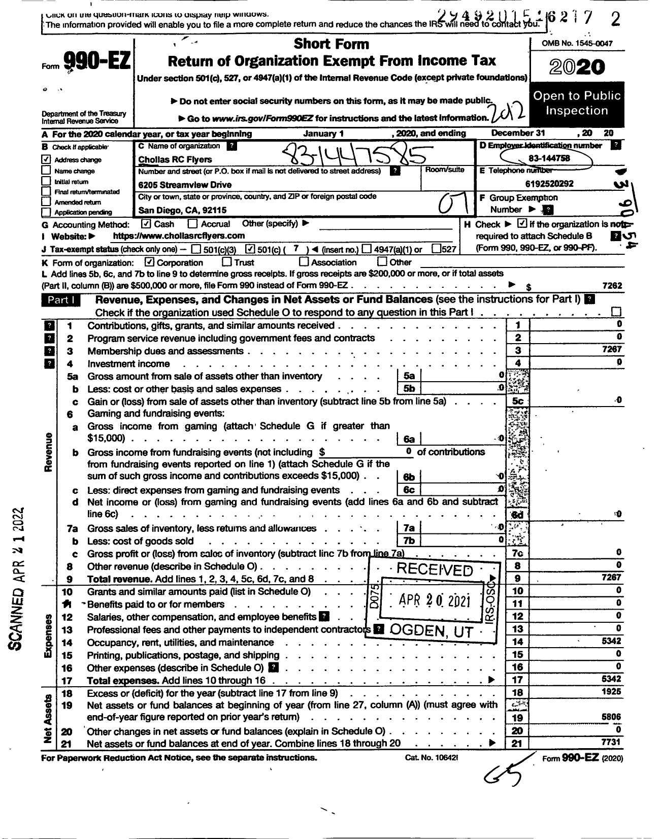 Image of first page of 2020 Form 990EO for Chollas RC Flyers