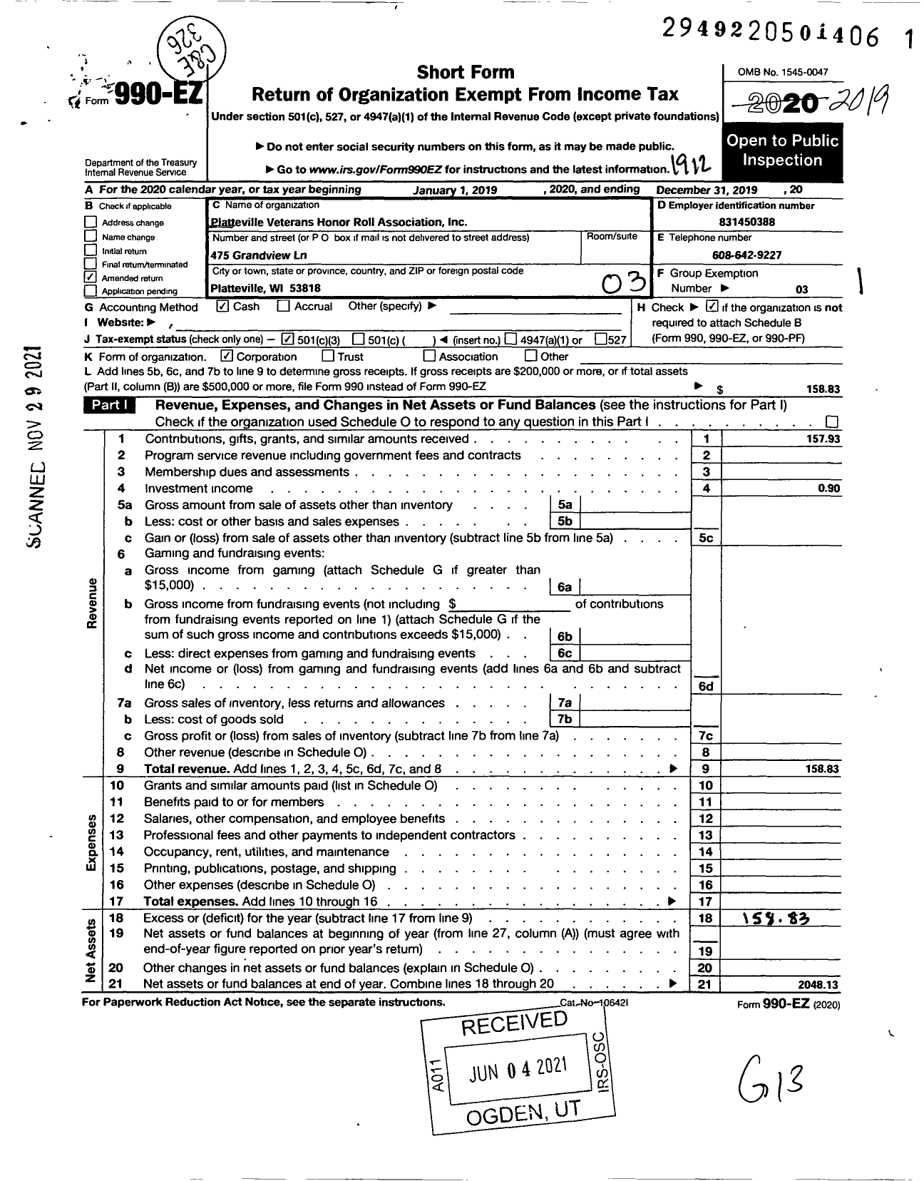 Image of first page of 2019 Form 990EZ for Platteville Veterans Honor Roll Association